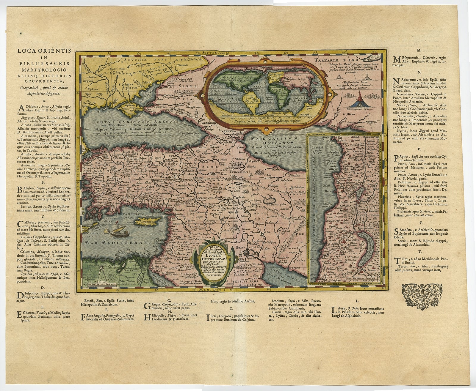Antique map titled 'Lumen Historium per Orientem (..).' 

Scarce map of the Middle East, surrounded by Latin text. The two insets show Israel and an oval world map. This map (from the last edition of Ortelius Theatri Orbis Terrarum Parergon, 1624)
