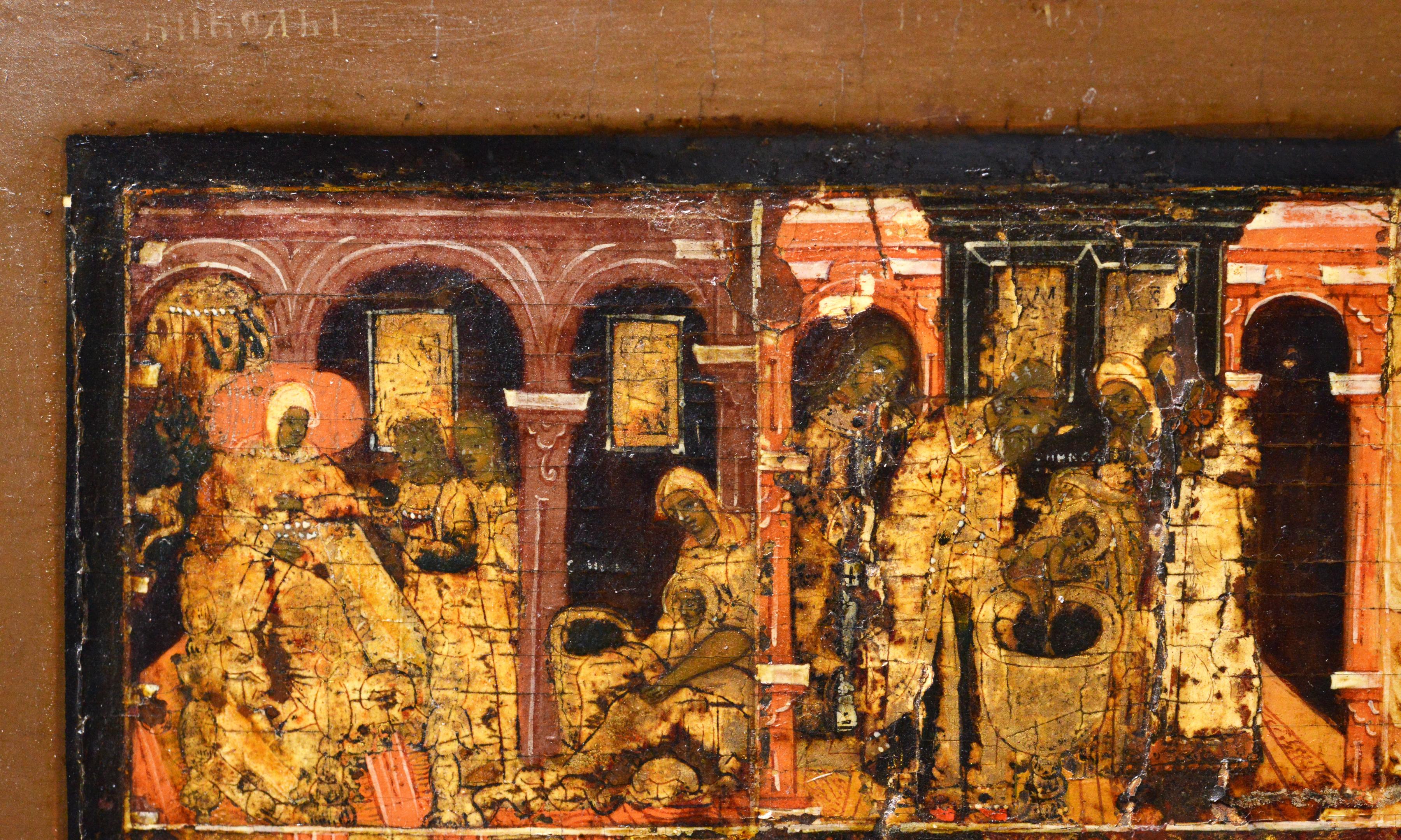 Baroque Scarce Antique Russian Palekh icon Life of Saint Nicholas of Myra mid 18 century For Sale