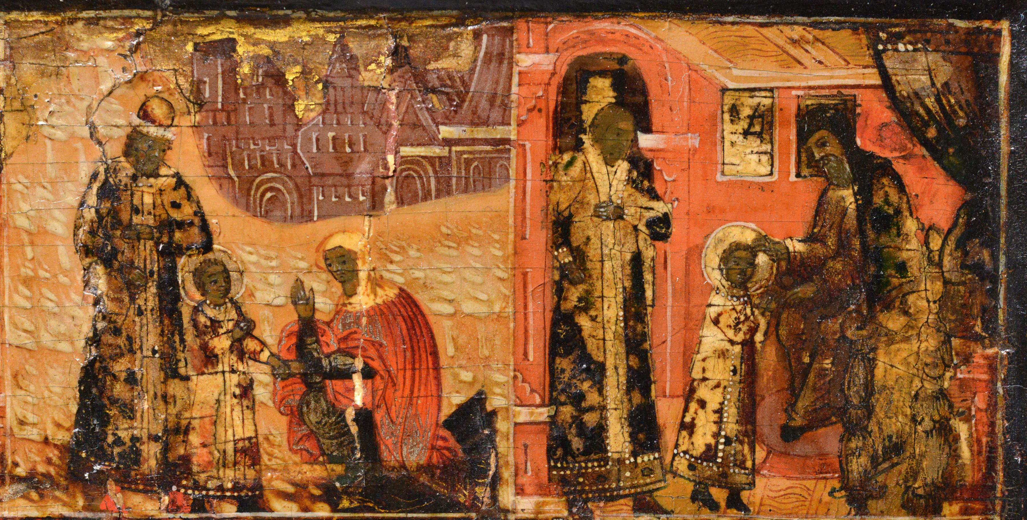 Oiled Scarce Antique Russian Palekh icon Life of Saint Nicholas of Myra mid 18 century For Sale
