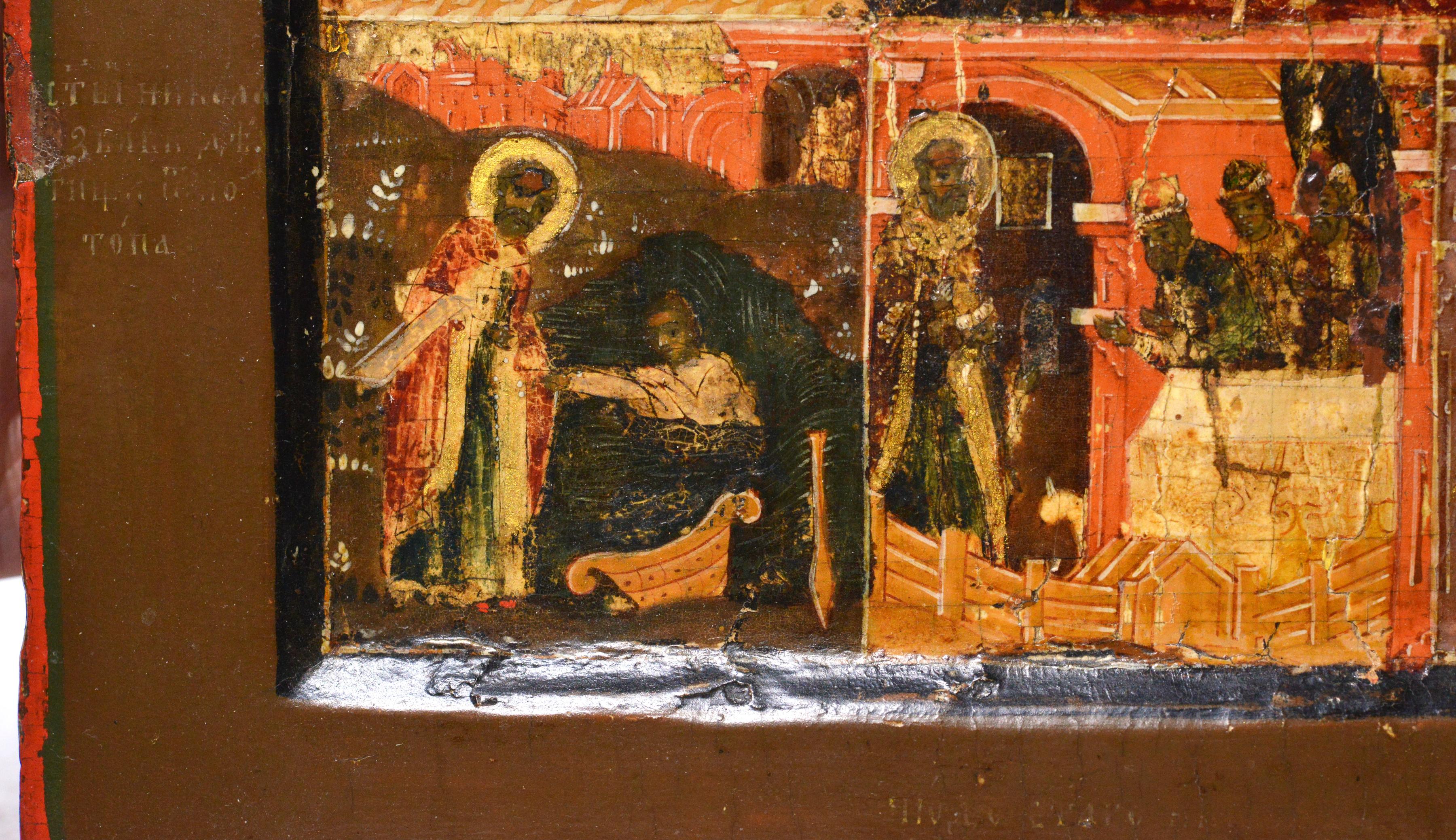 Wood Scarce Antique Russian Palekh icon Life of Saint Nicholas of Myra mid 18 century For Sale