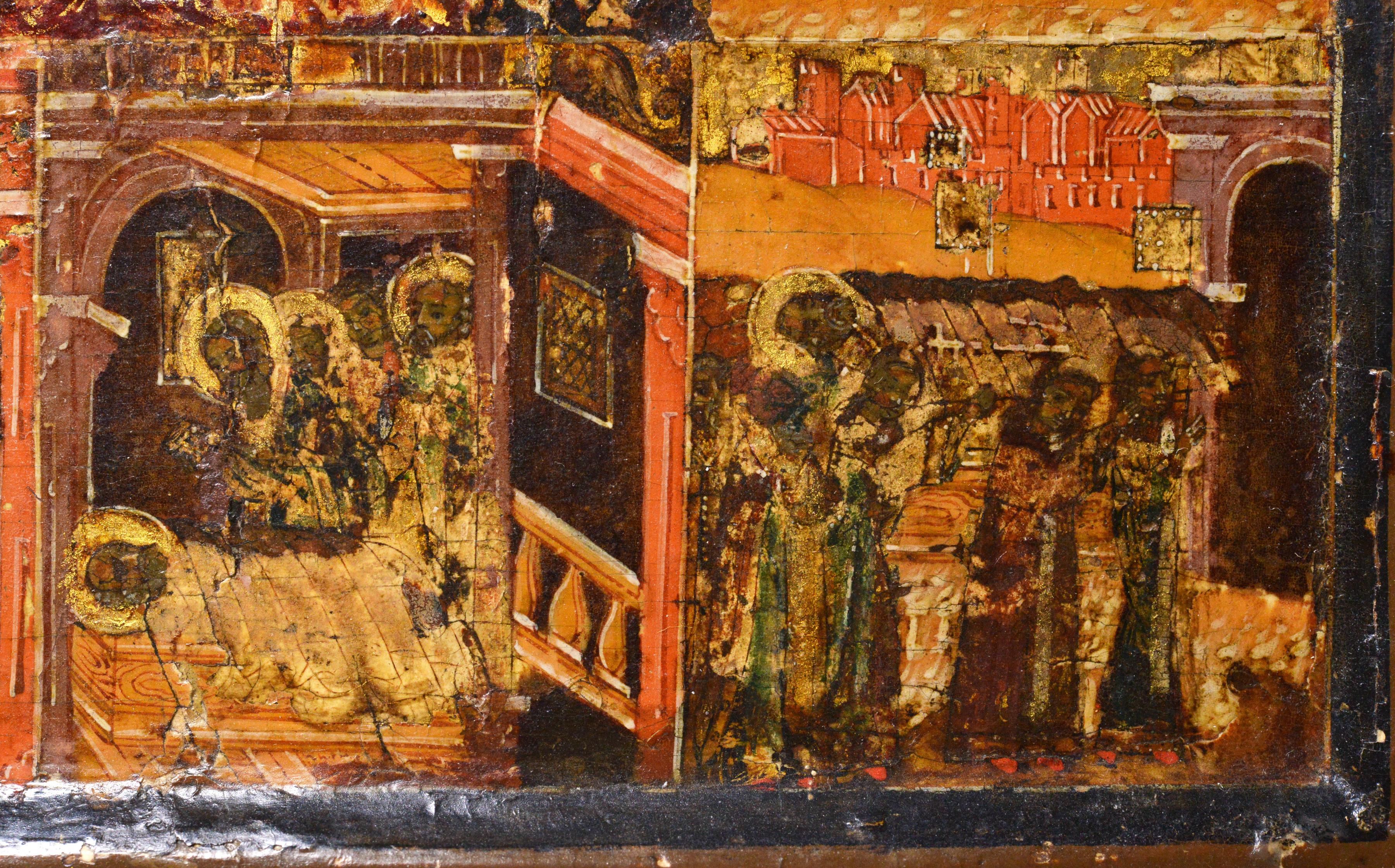 Wood Scarce Antique Russian Palekh icon Life of Saint Nicholas of Myra mid 18 century For Sale