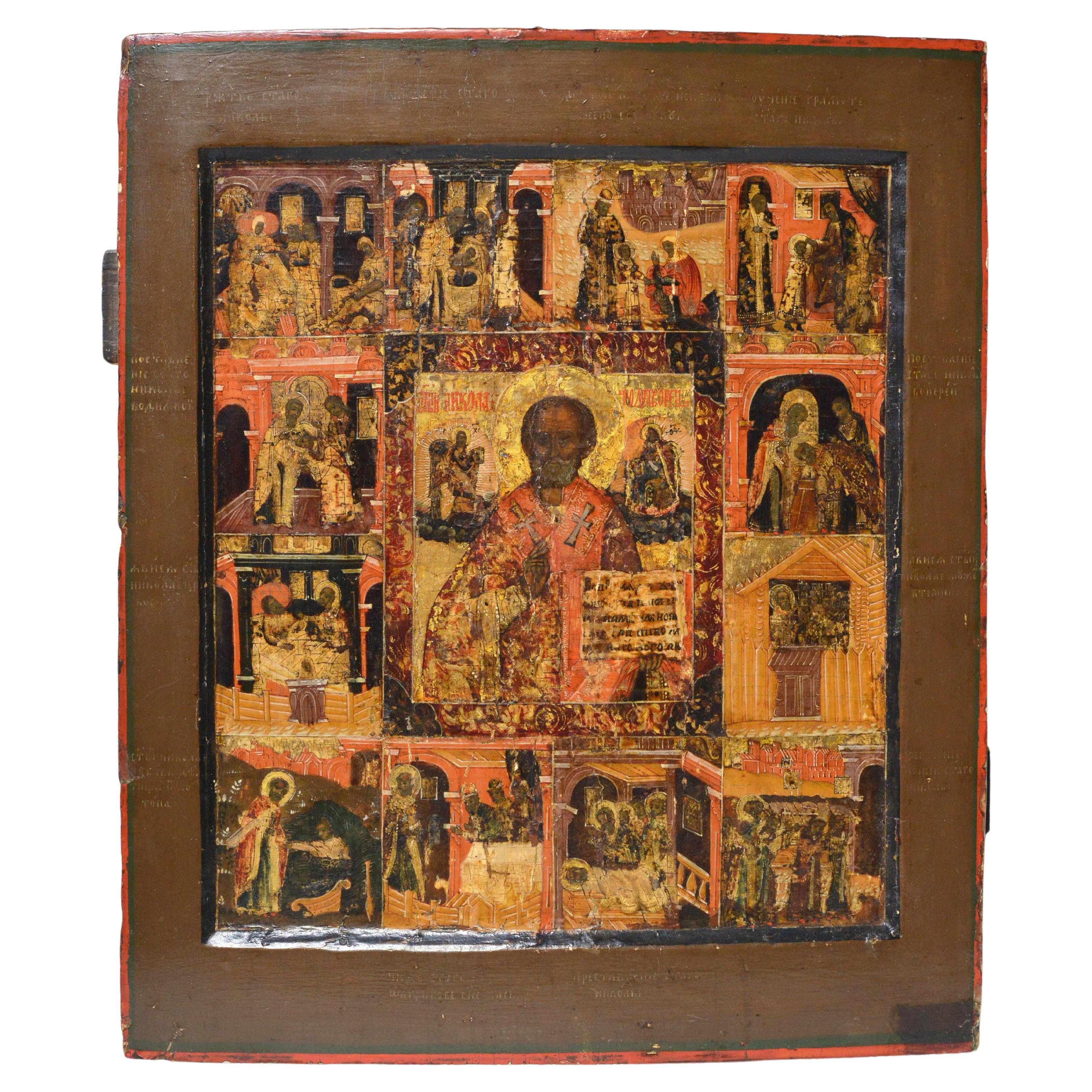 Scarce Antique Russian Palekh icon Life of Saint Nicholas of Myra mid 18 century For Sale
