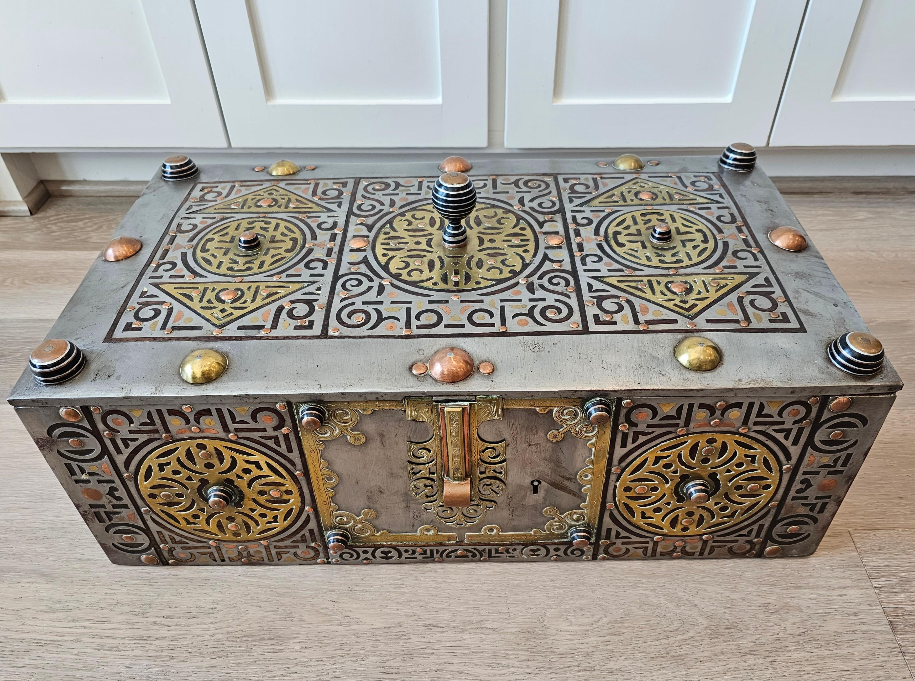 A rare and magnificent antique Tuareg peoples mixed metal mounted wooden chest / coffer / monumental table box. 

Most impressive size, hand-crafted in Mauritania, Northwest Africa, around the turn of the late 19th / early 20th century, very