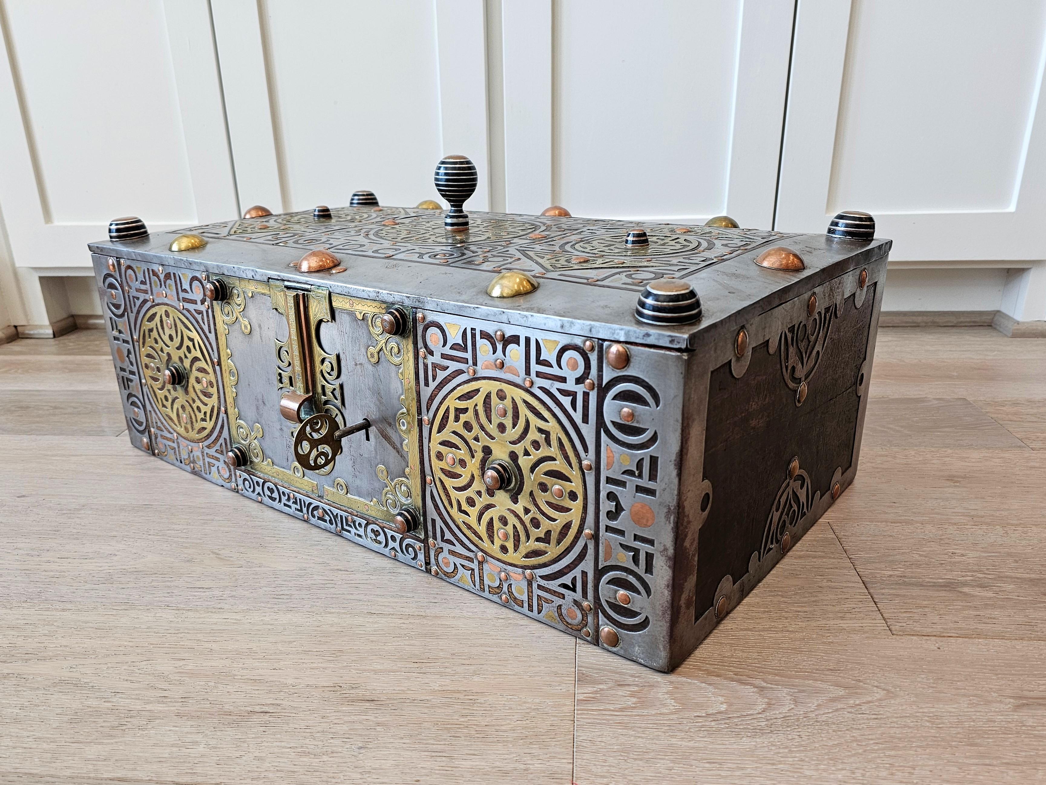 Ebonized Scarce Antique Tuareg Mauritania North Africa Mixed Metal Mounted Wood Chest  For Sale