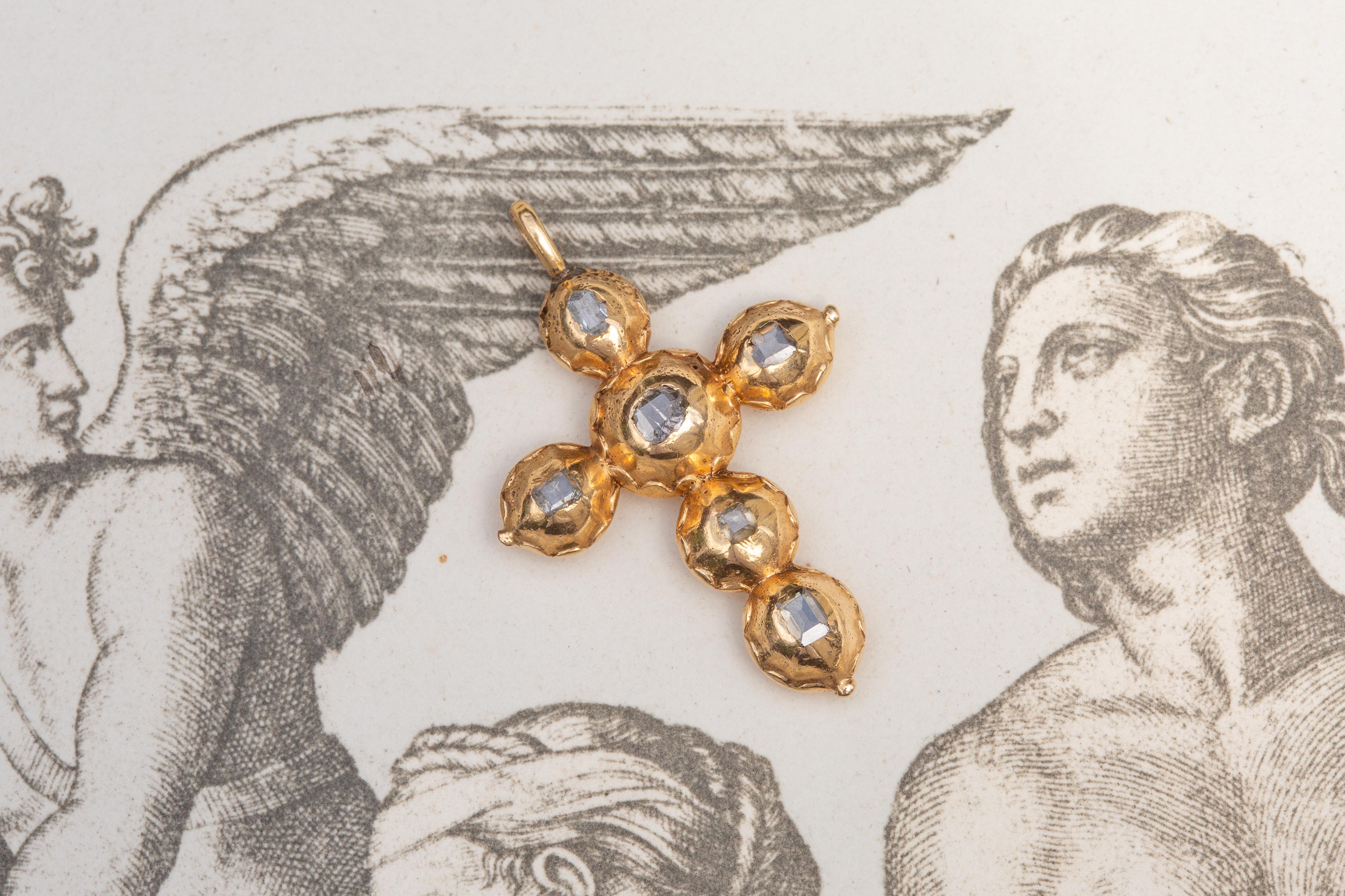 Scarce Baroque Early 18th Century Table Cut Diamond Gold Cross Pendentif  en vente 5