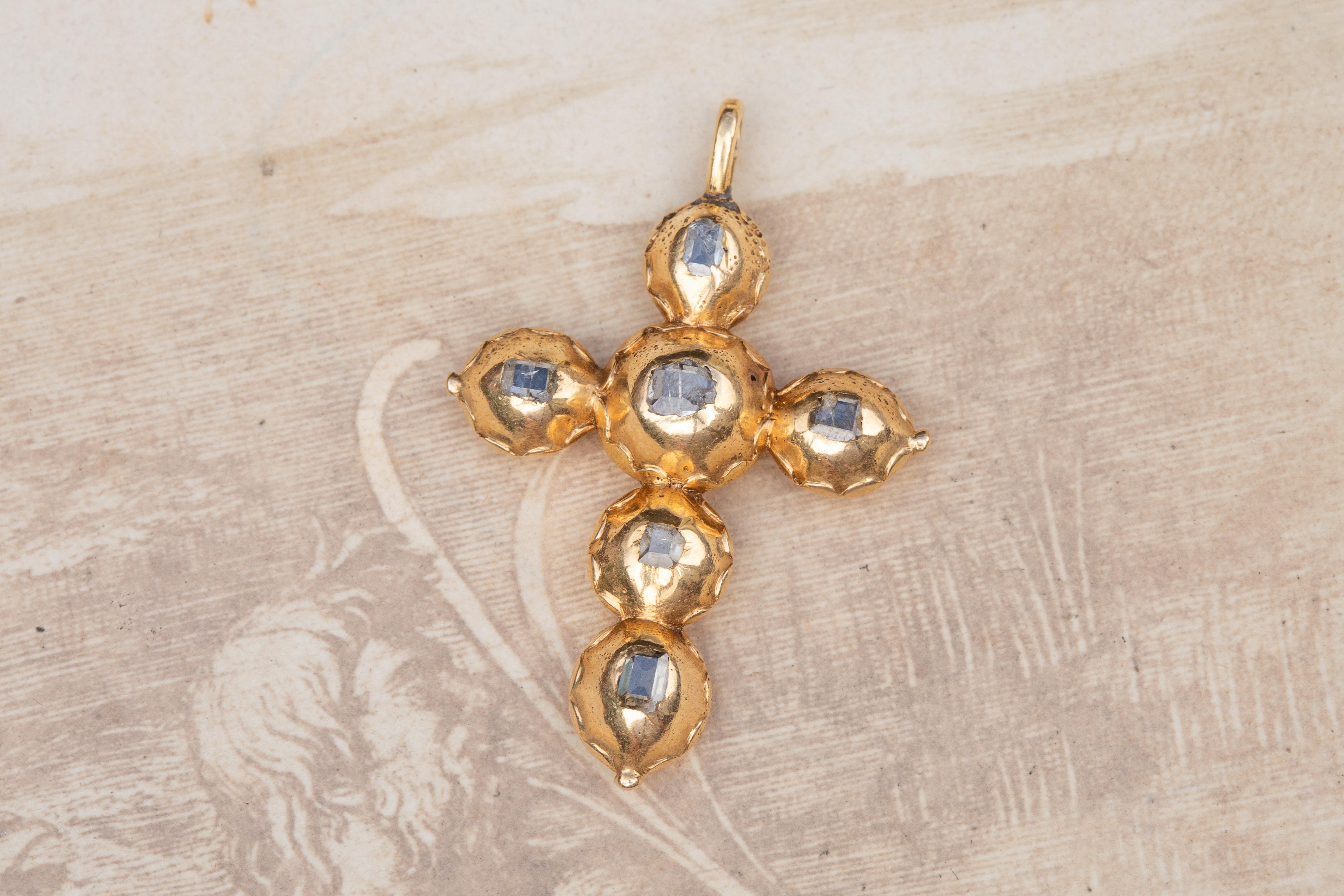 Emerald Cut Scarce Baroque Early 18th Century Table Cut Diamond Gold Cross Pendant  For Sale