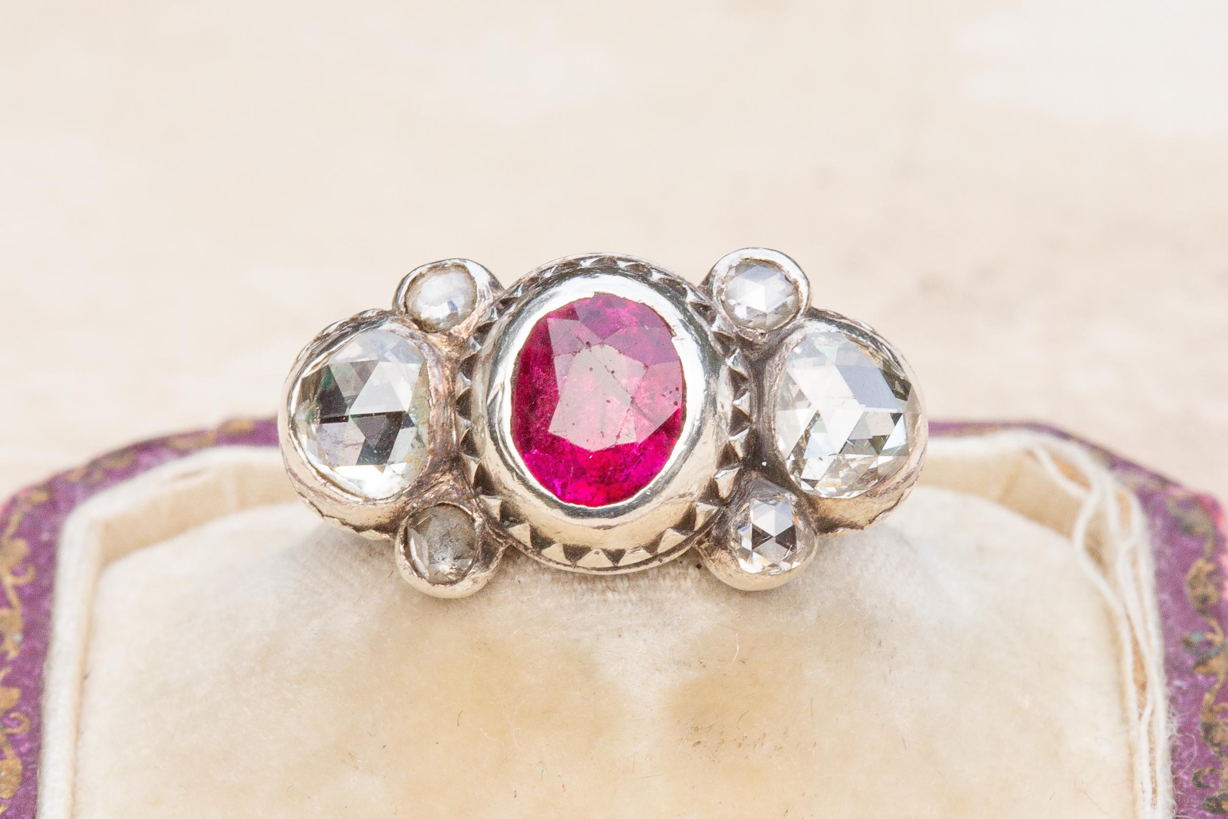 Scarce Baroque Ruby and Rose Cut Diamond Cluster Ring Bow Circa 1700 9