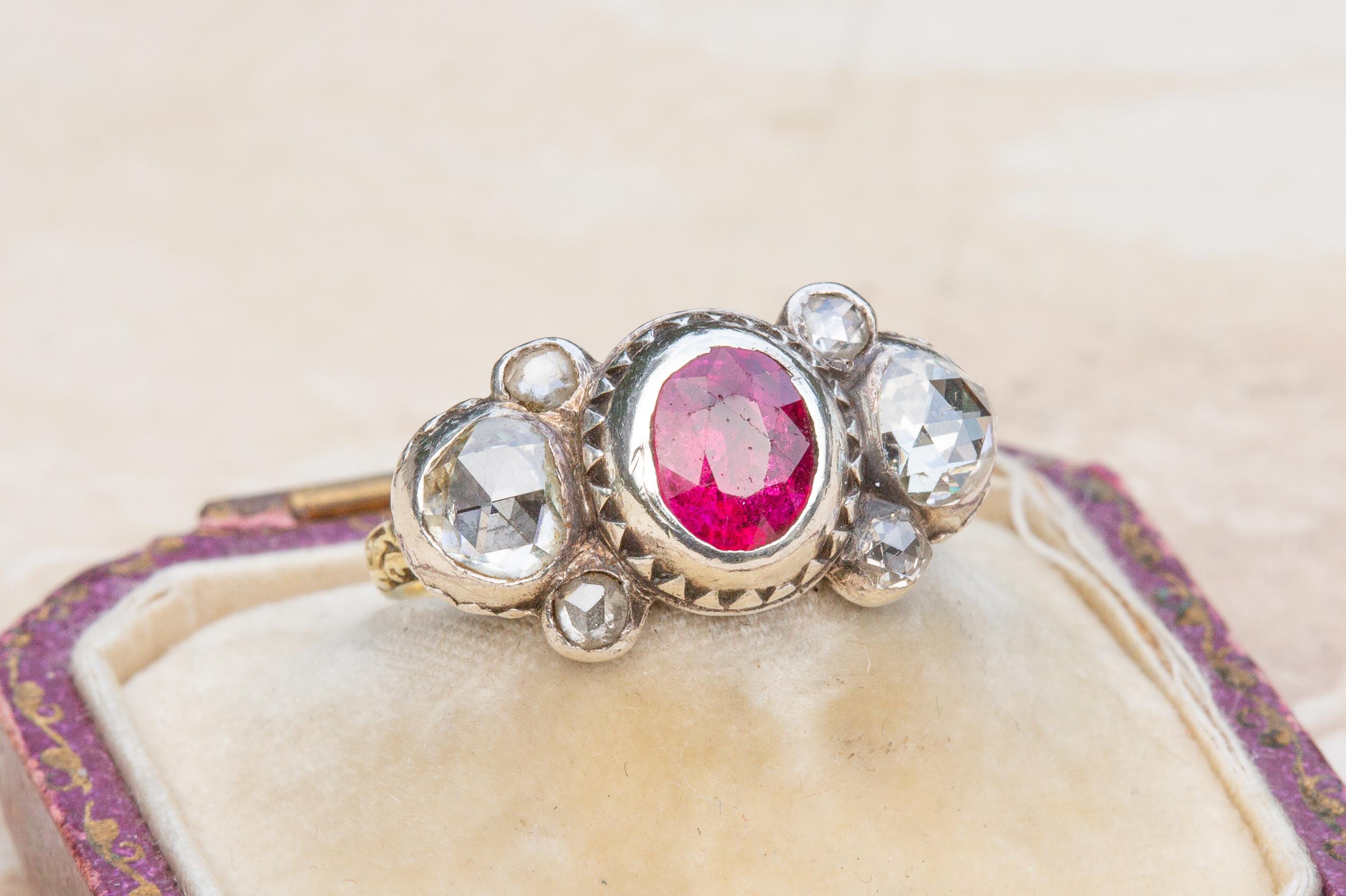 Scarce Baroque Ruby and Rose Cut Diamond Cluster Ring Bow Circa 1700 For Sale 10