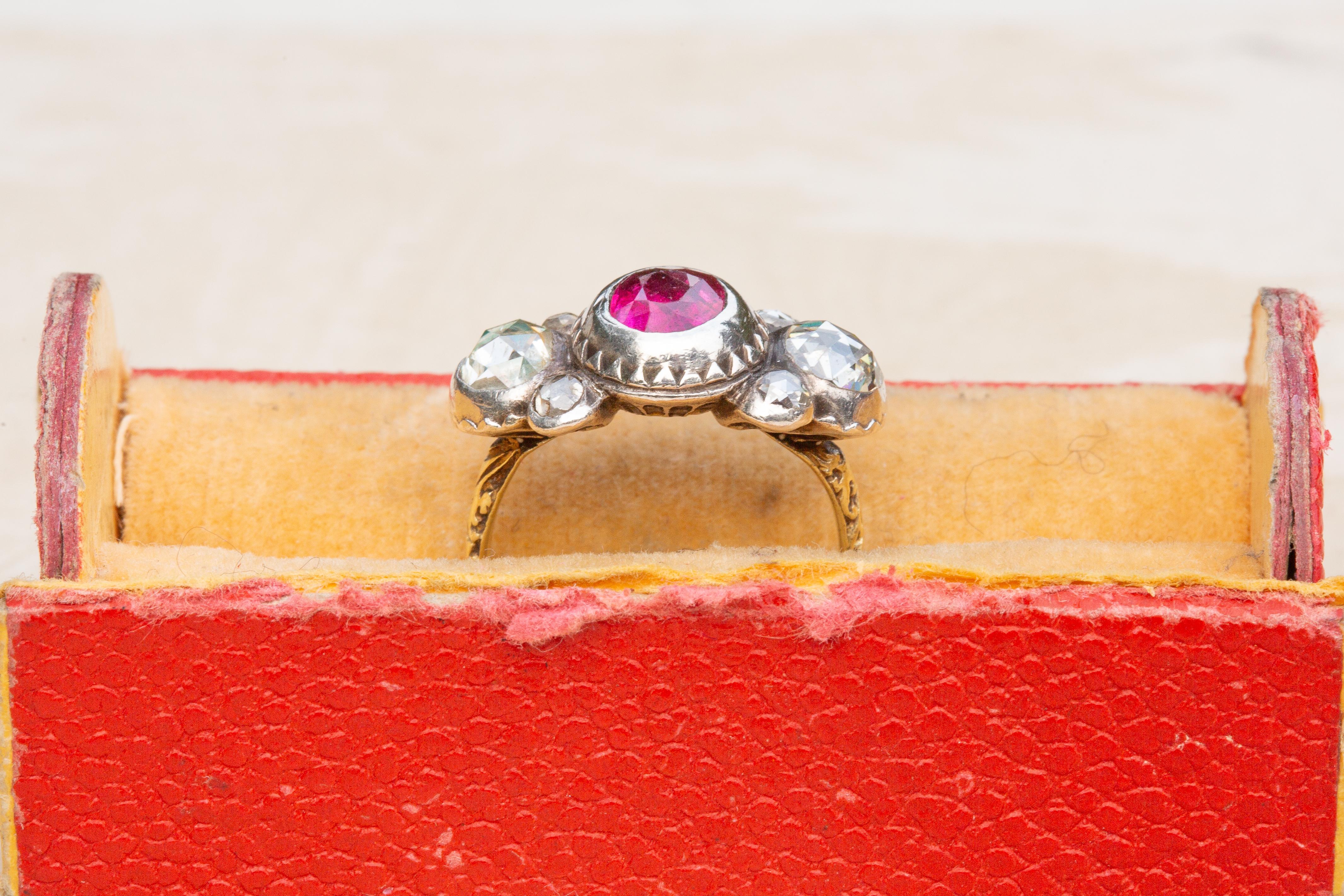 Scarce Baroque Ruby and Rose Cut Diamond Cluster Ring Bow Circa 1700 For Sale 13