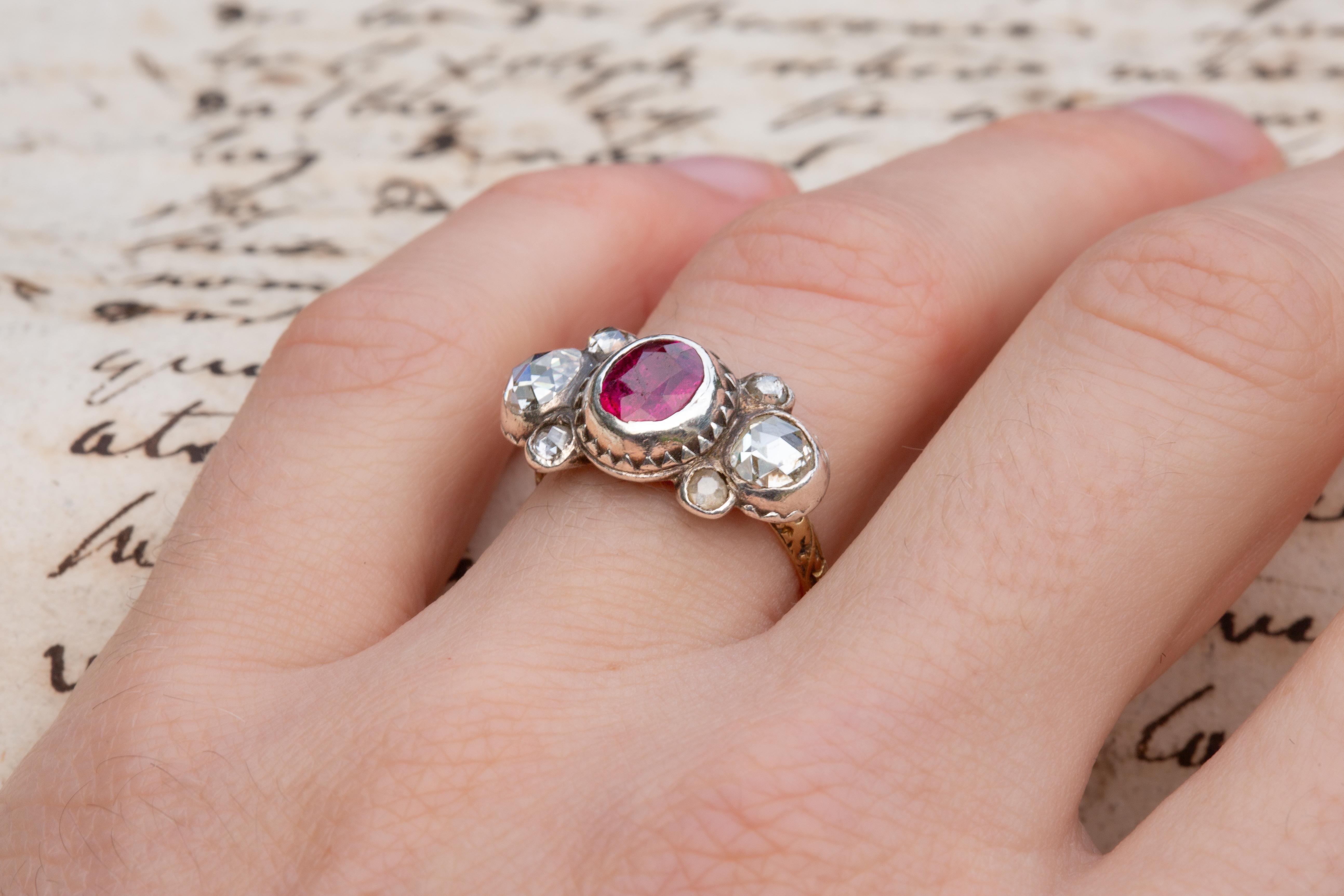 Scarce Baroque Ruby and Rose Cut Diamond Cluster Ring Bow Circa 1700 For Sale 14