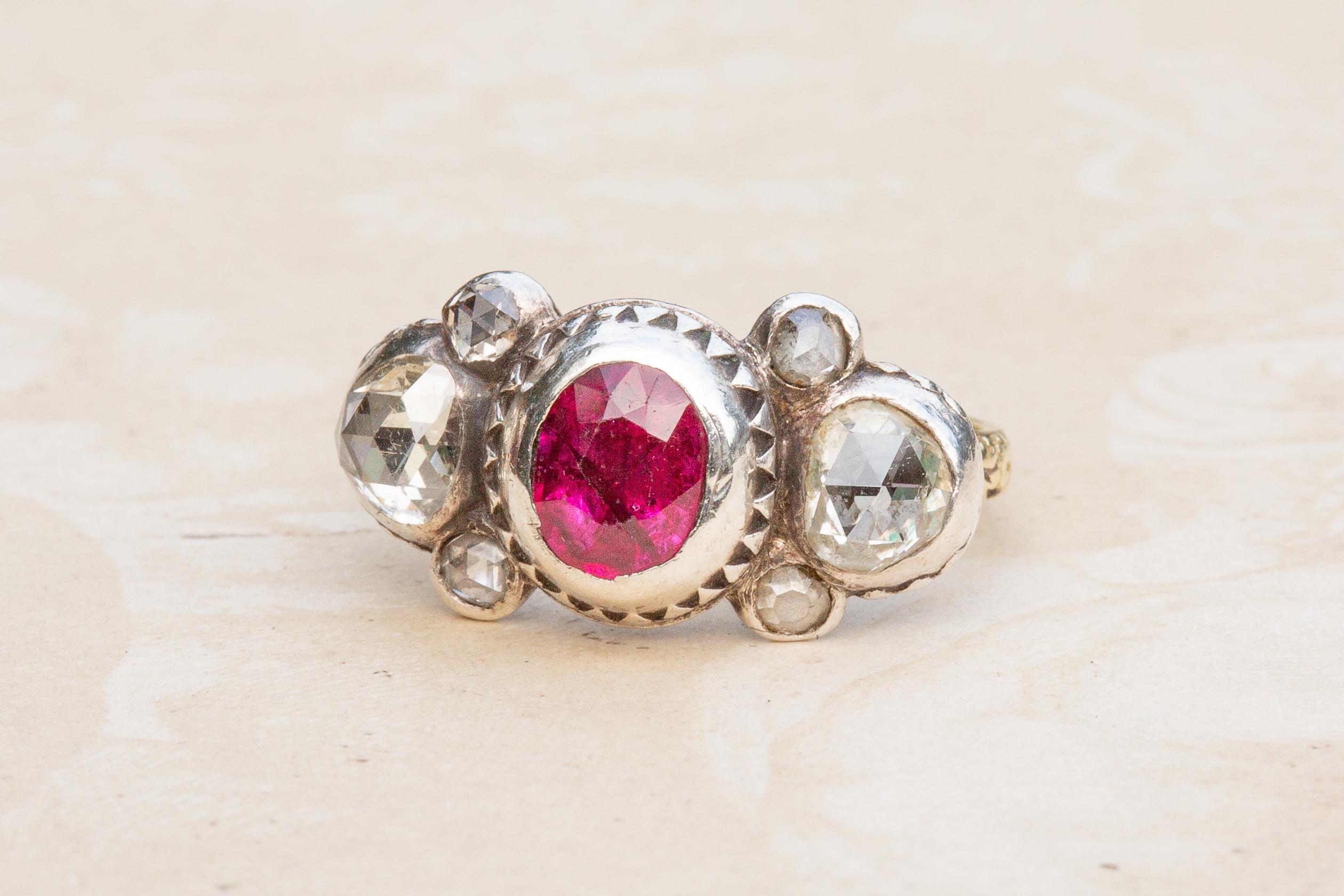 Scarce Baroque Ruby and Rose Cut Diamond Cluster Ring Bow Circa 1700 In Good Condition For Sale In London, GB