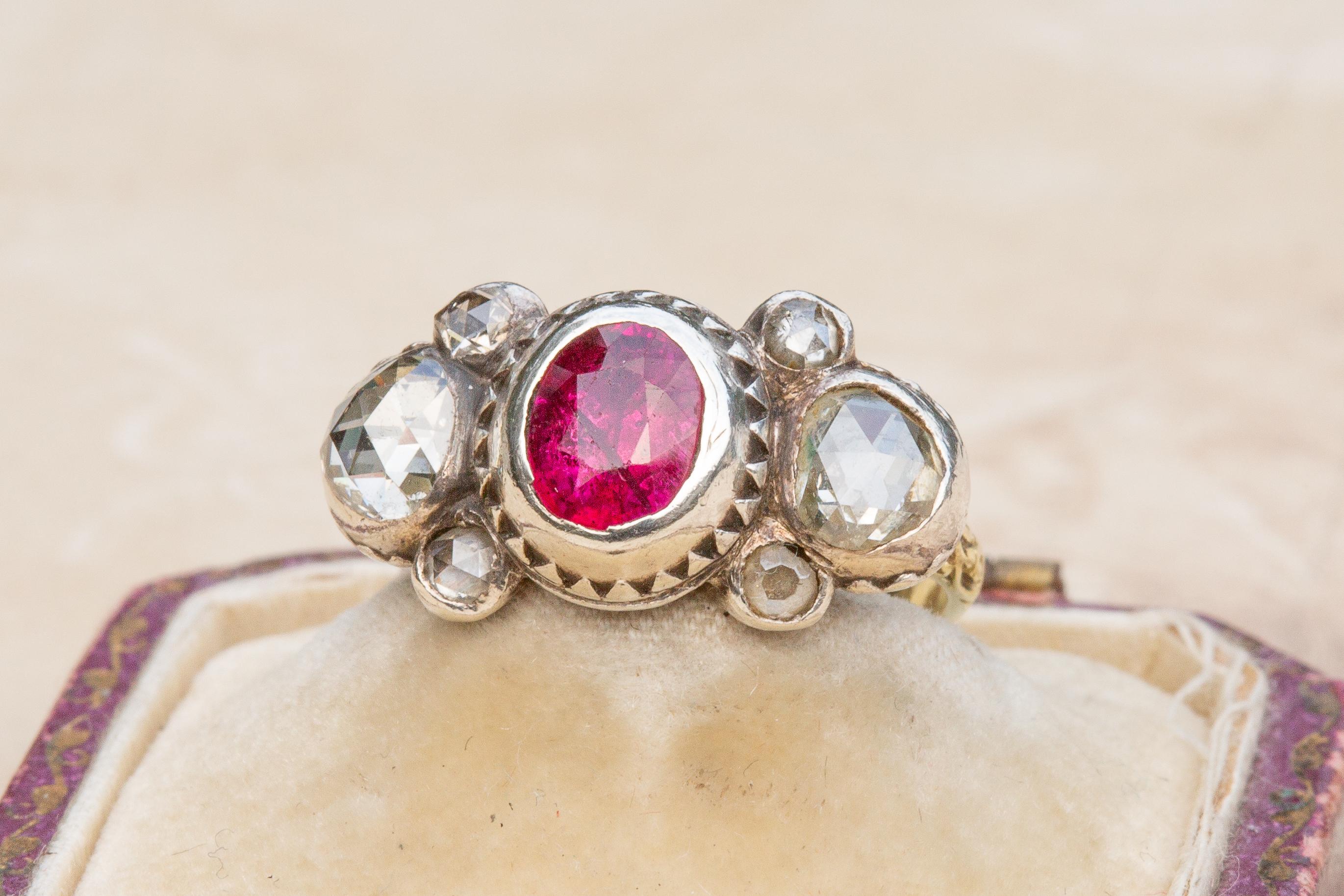 Scarce Baroque Ruby and Rose Cut Diamond Cluster Ring Bow Circa 1700 For Sale 3