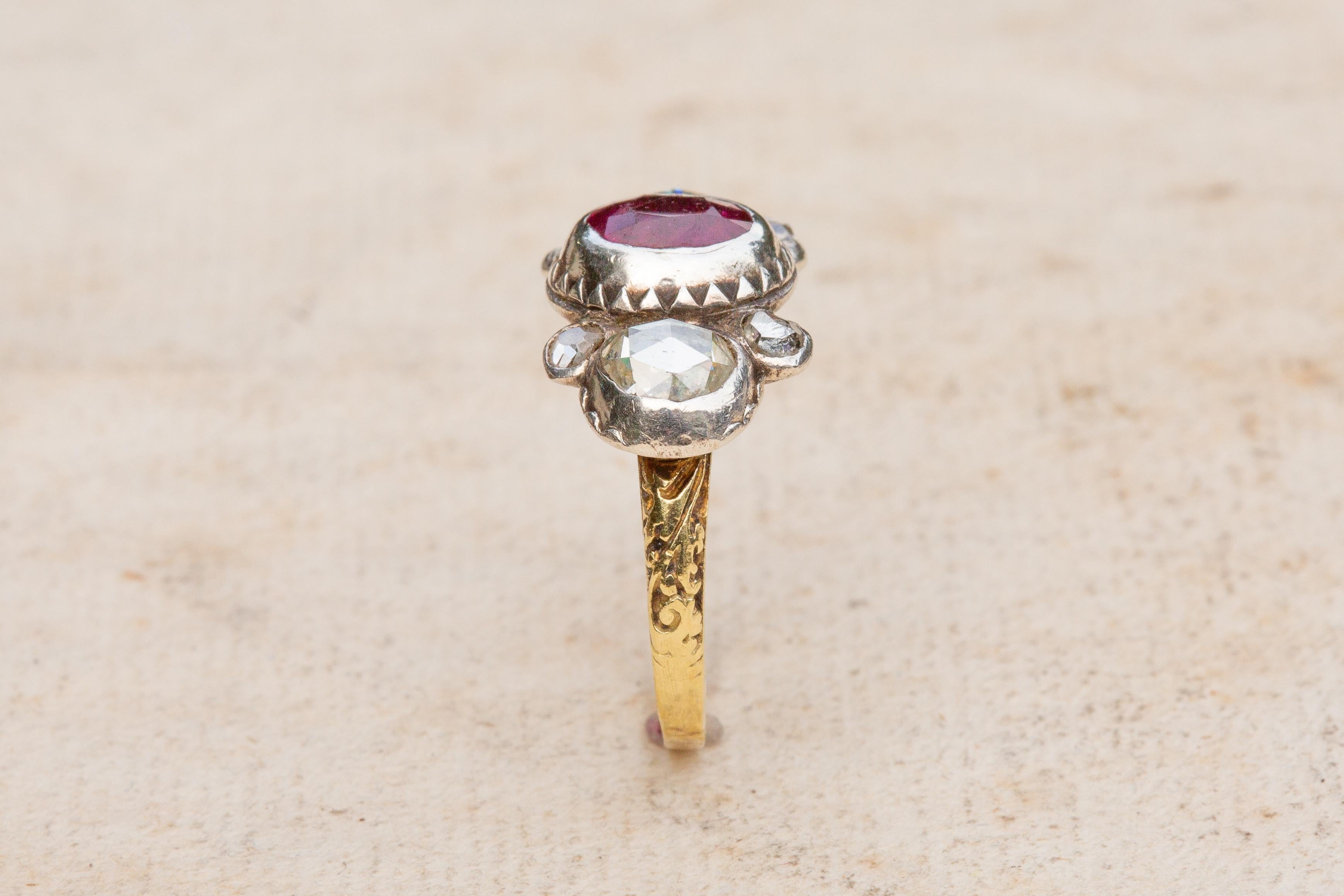 Scarce Baroque Ruby and Rose Cut Diamond Cluster Ring Bow Circa 1700 For Sale 5