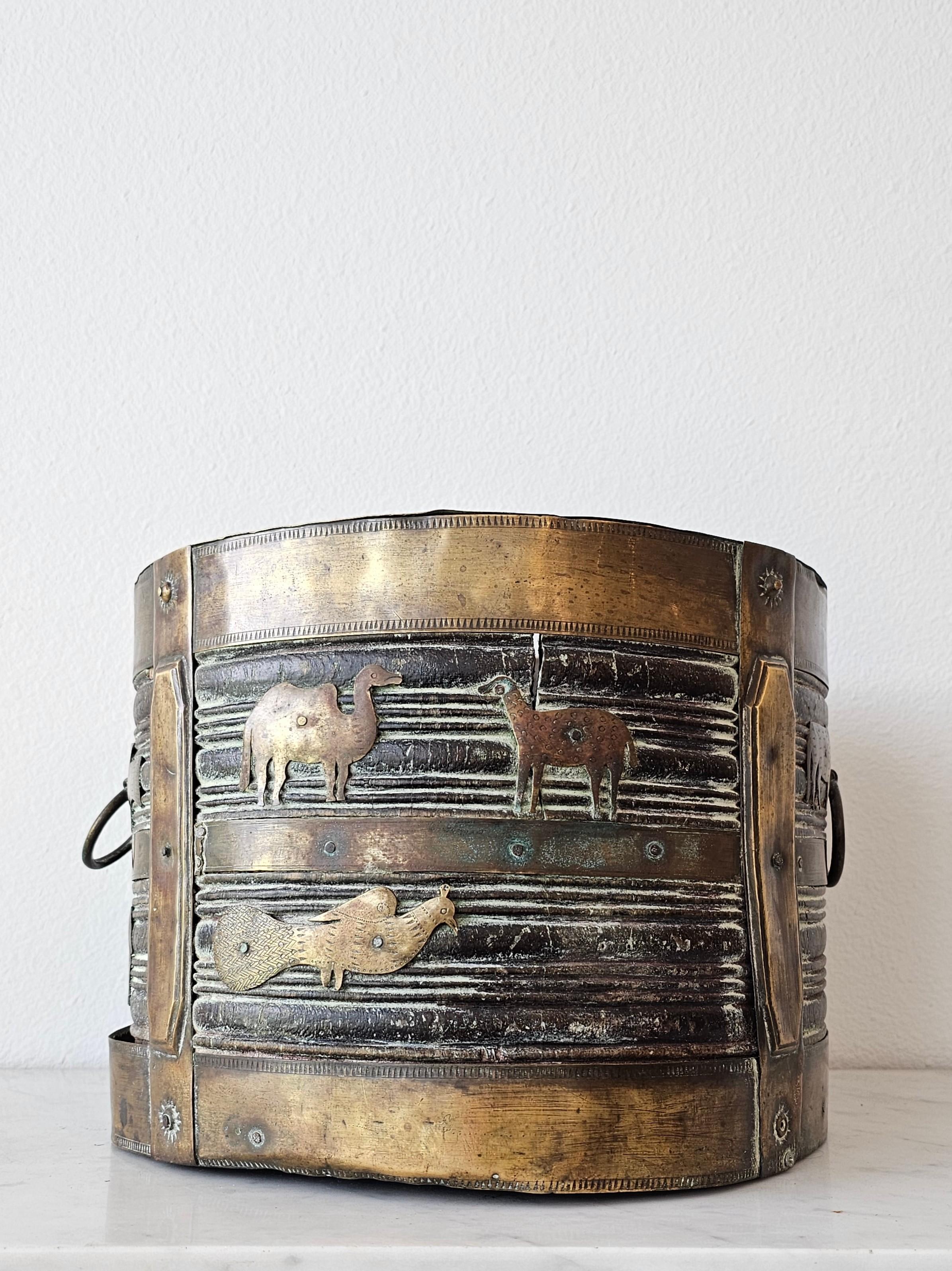 Indian Scarce British Colonial India Brass-Mounted Log Bucket Fireplace Pail For Sale