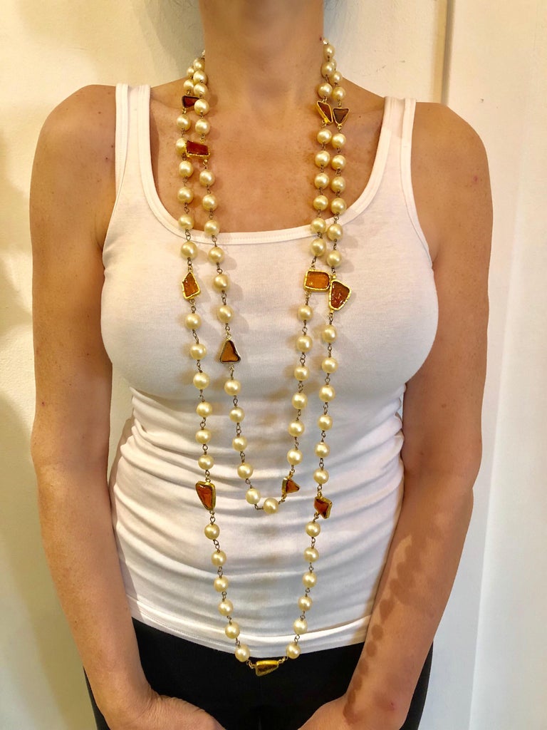 Scarce Coco Chanel 1994 Fall/Winter Monumental Cream Pearl Necklace  Sautoir For Sale at 1stDibs