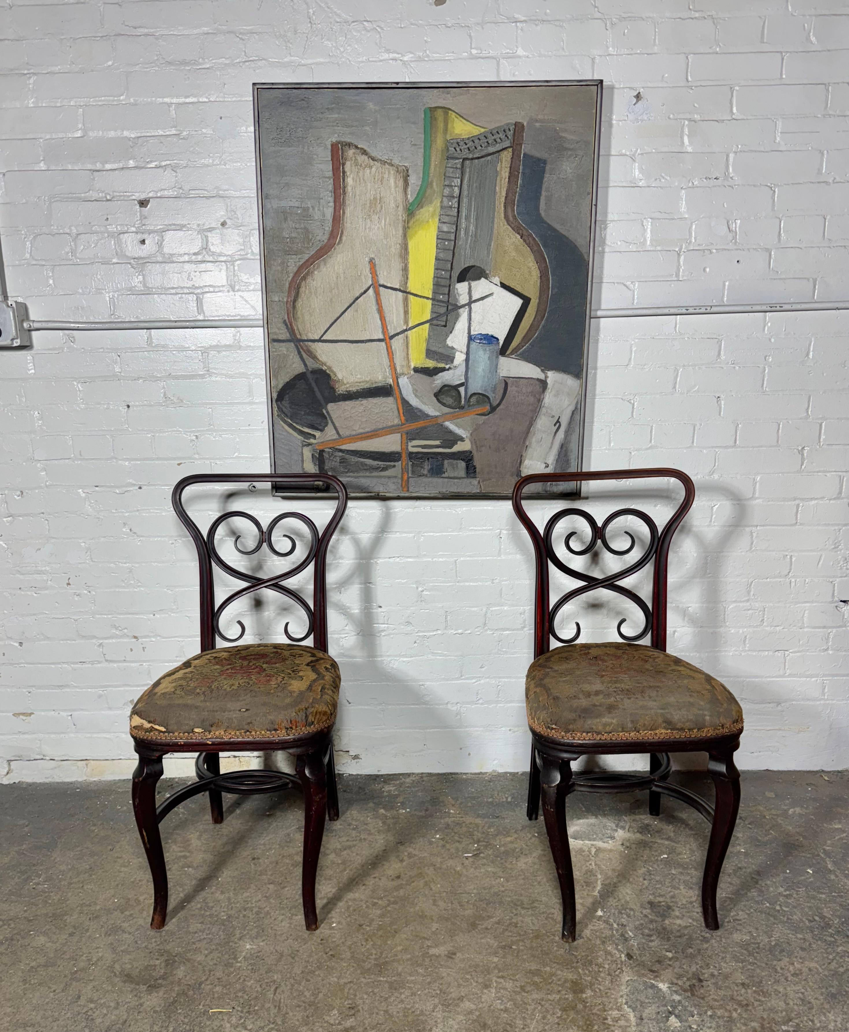 Scarce early set of (6) Bentwood Bistro/Cafe' Chairs.  par Michael Thonet ... Je pense qu'ils datent des années 1860-70 ? Design/One très inhabituel,, Impossible de trouver cette forme sur internet... Conserver les labels d'origine,, Incroyable,