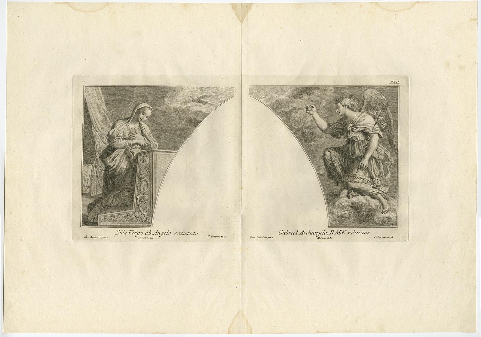 Description: Antique print titled 'Sma Virgo ab Angelo salutata; Gabriel Archangelus B. M. V. salutans'. 

Scarce plate showing the holy Virgin and the archangel Gabriel. After one of the frescoes Domenico Zampieri painted for the Abbey of