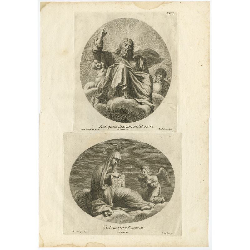 Antique print titled 'Antiquus dierum sedit - S. Francisca Romana'. Scarce plate showing the 'Ancient of Days' i.e. God from the bible book of Daniel. Below Frances of Rome, Obl.S.B., (Italian: Santa Francesca Romana). After one of the frescoes