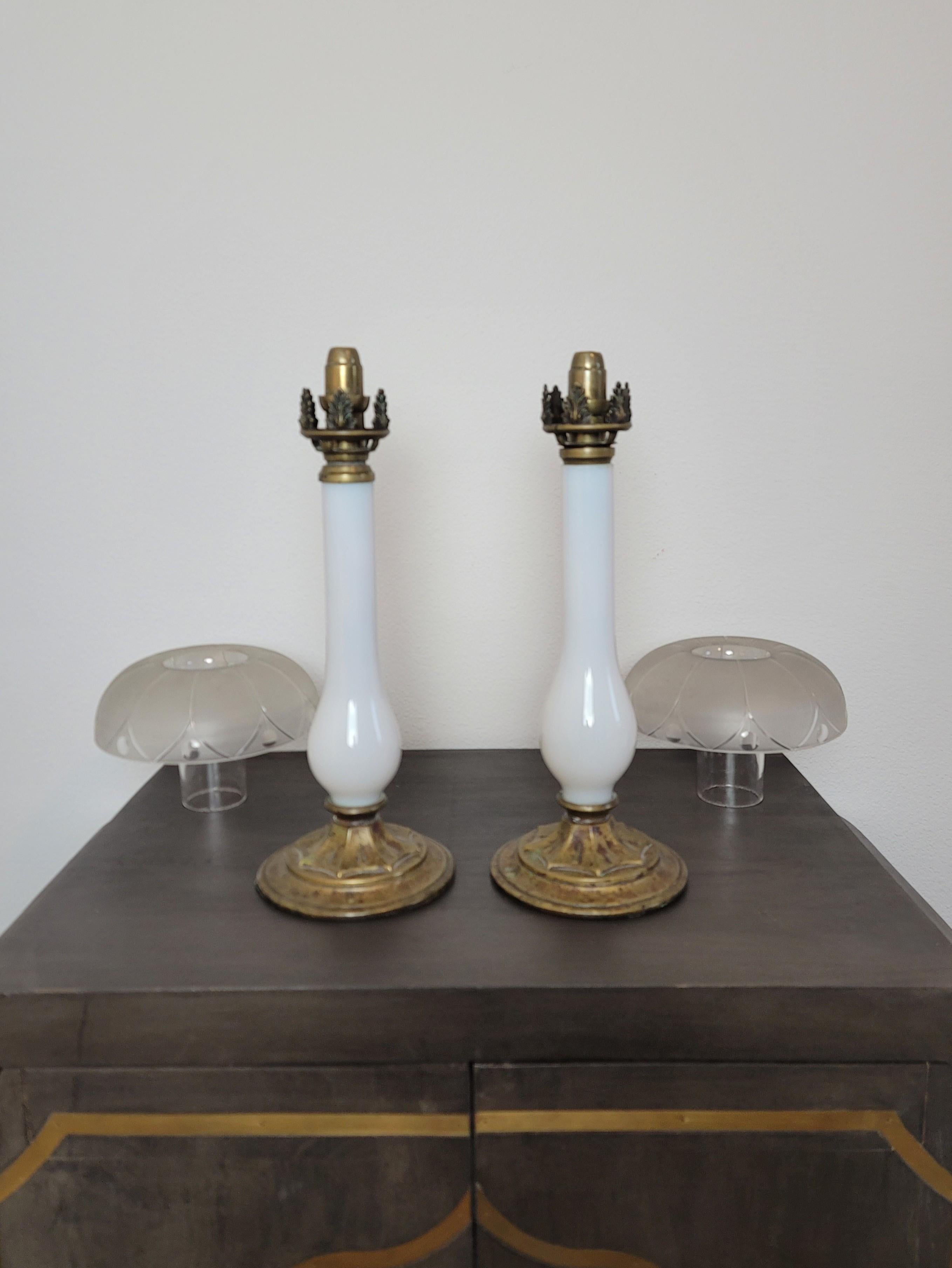 Scarce French Empire Period Opaline Glass Brass Candlestick Table Lamp Pair For Sale 13