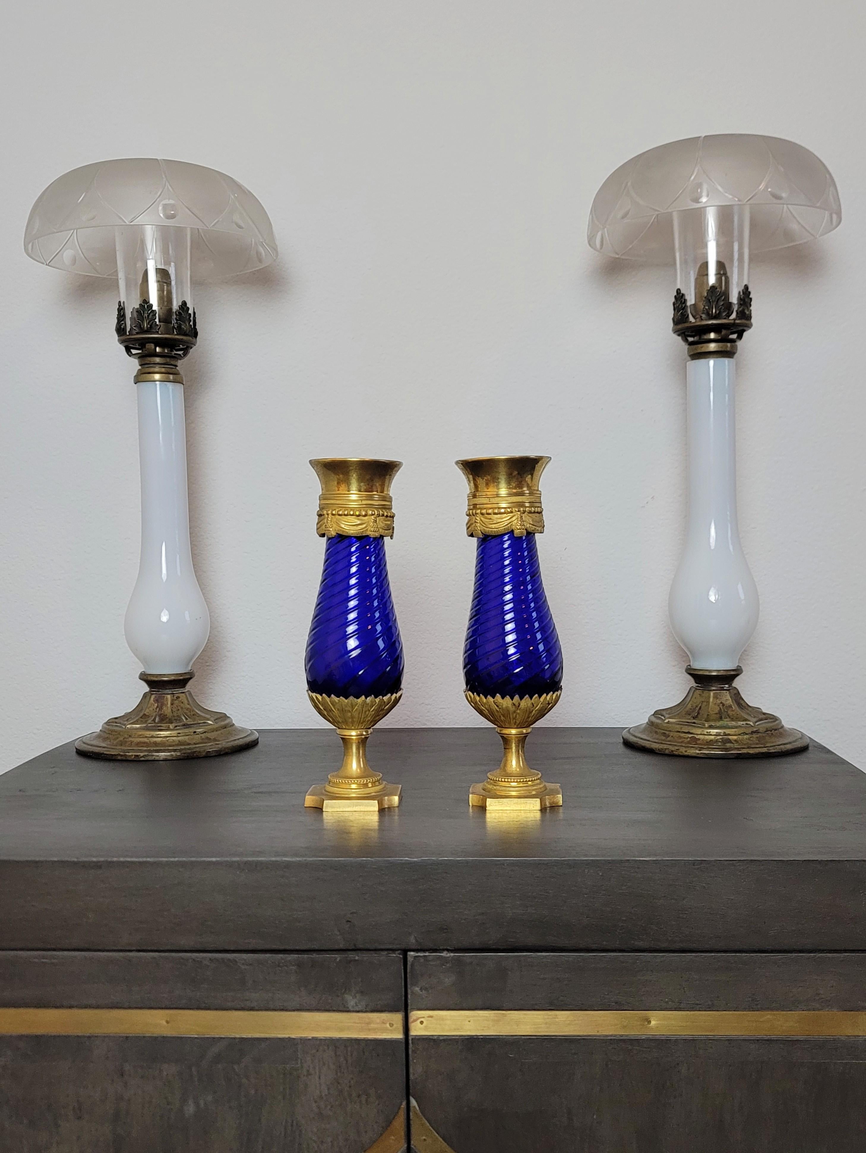 Scarce French Empire Period Opaline Glass Brass Candlestick Table Lamp Pair For Sale 14