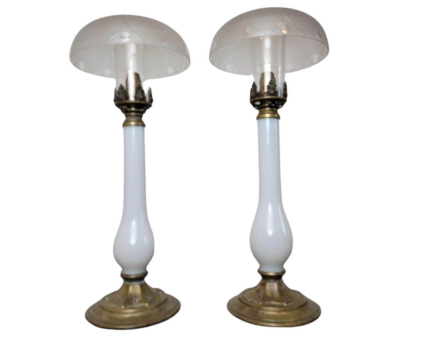 Scarce French Empire Period Opaline Glass Brass Candlestick Table Lamp Pair For Sale 15