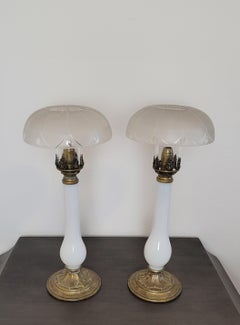 Scarce French Empire Period Opaline Glass Brass Candlestick Table Lamp Pair