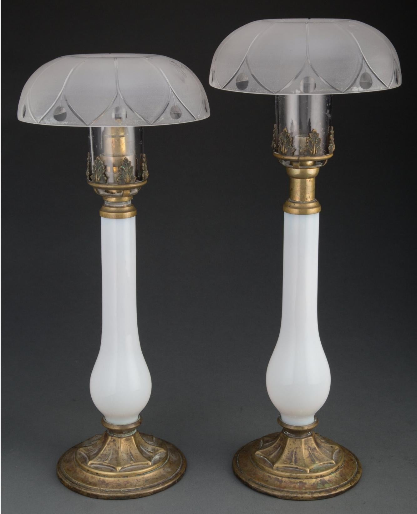 Scarce French Empire Period Opaline Glass Brass Candlestick Table Lamp Pair For Sale 16