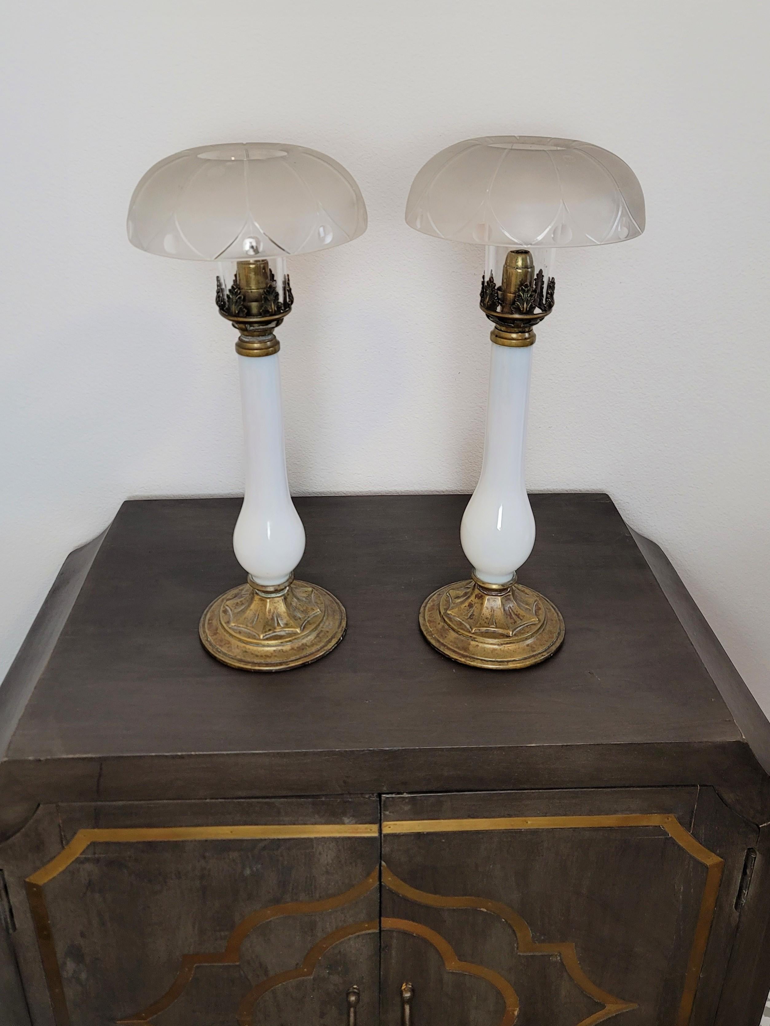 Scarce French Empire Period Opaline Glass Brass Candlestick Table Lamp Pair In Good Condition For Sale In Forney, TX