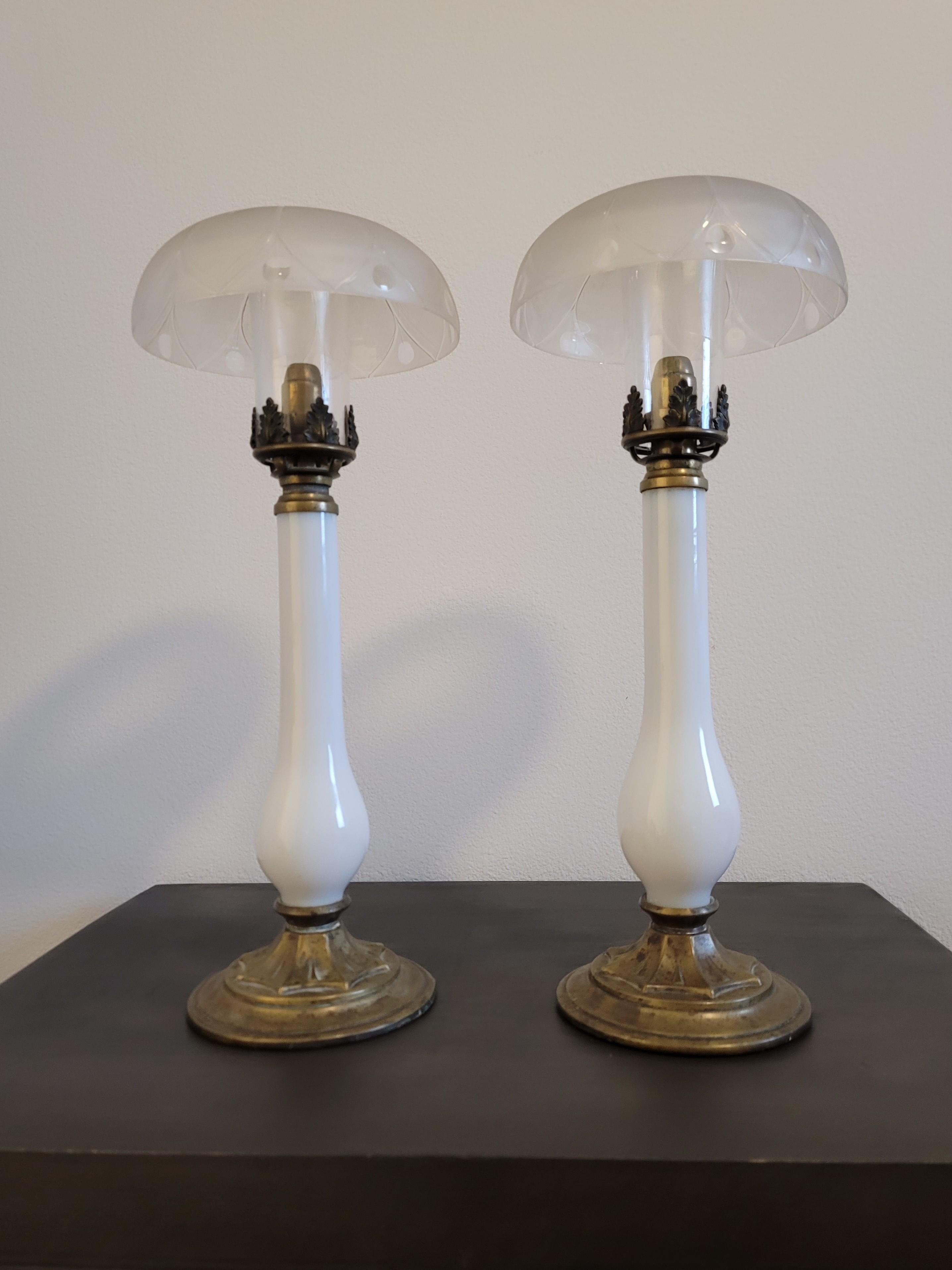 19th Century Scarce French Empire Period Opaline Glass Brass Candlestick Table Lamp Pair For Sale