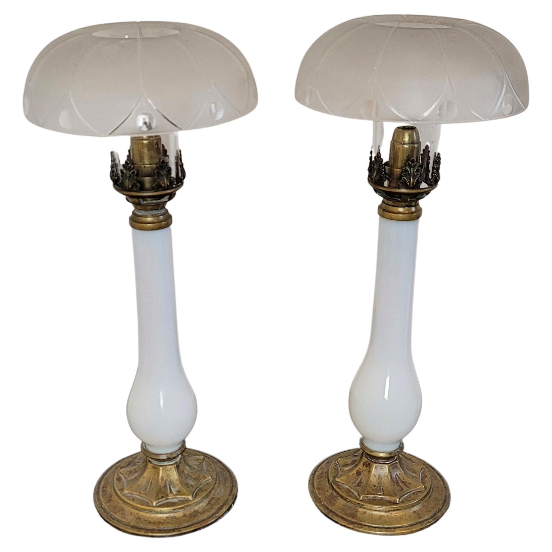 Scarce French Empire Period Opaline Glass Brass Candlestick Table Lamp Pair For Sale