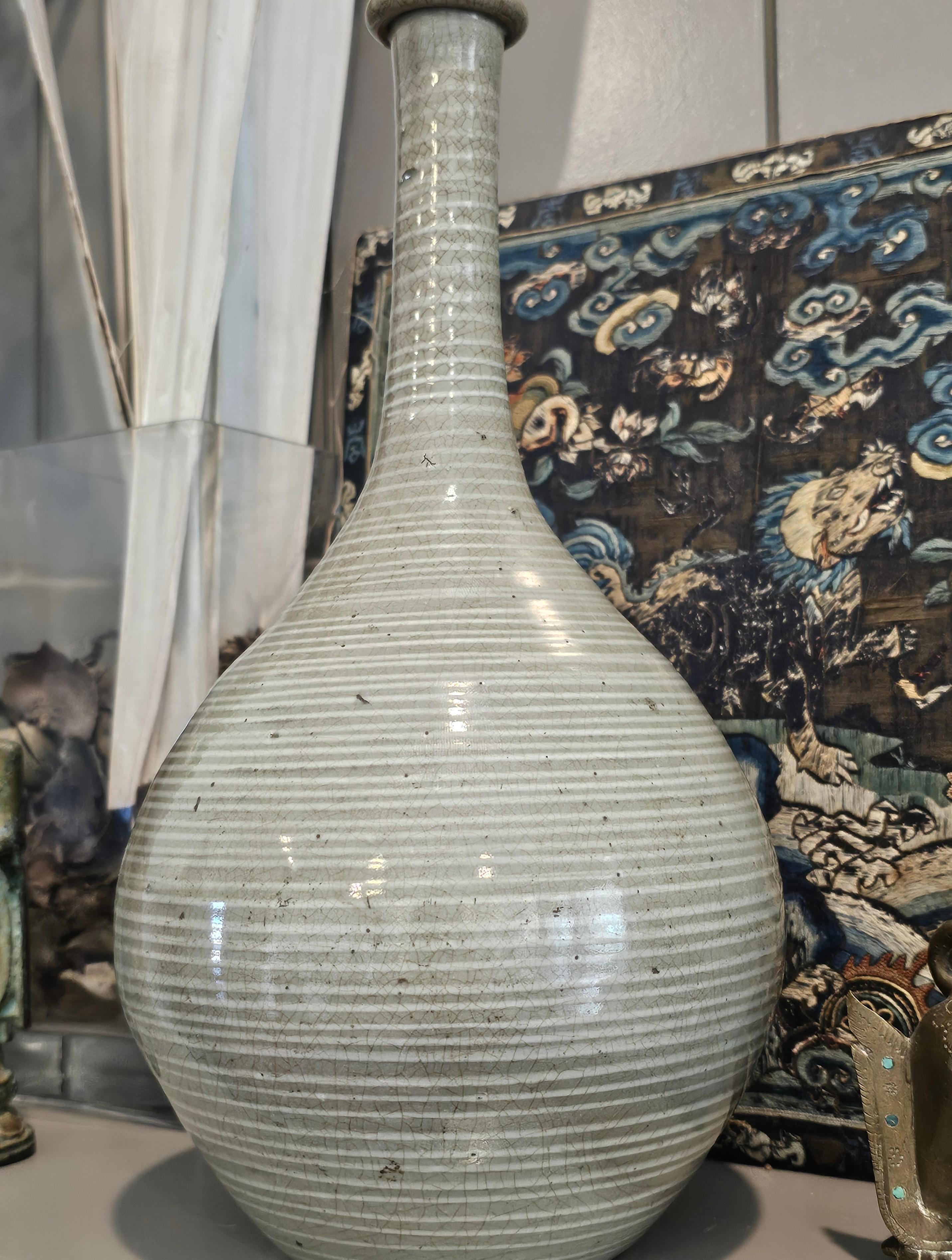 Scarce Antique Japanese Mishima Karatsu Ware Glazed Sake Bottle Vase Pottery For Sale 5