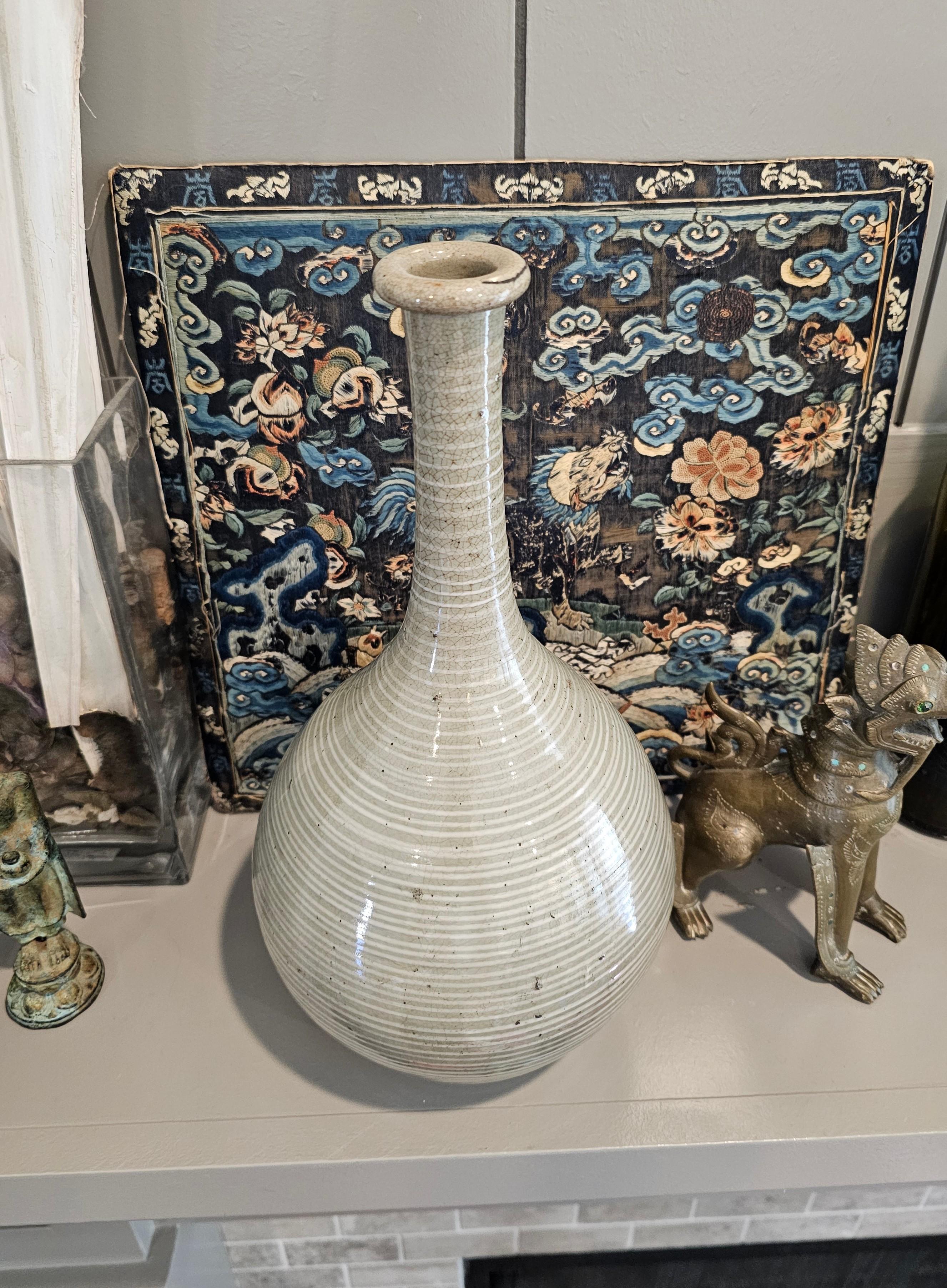 Scarce Antique Japanese Mishima Karatsu Ware Glazed Sake Bottle Vase Pottery For Sale 6