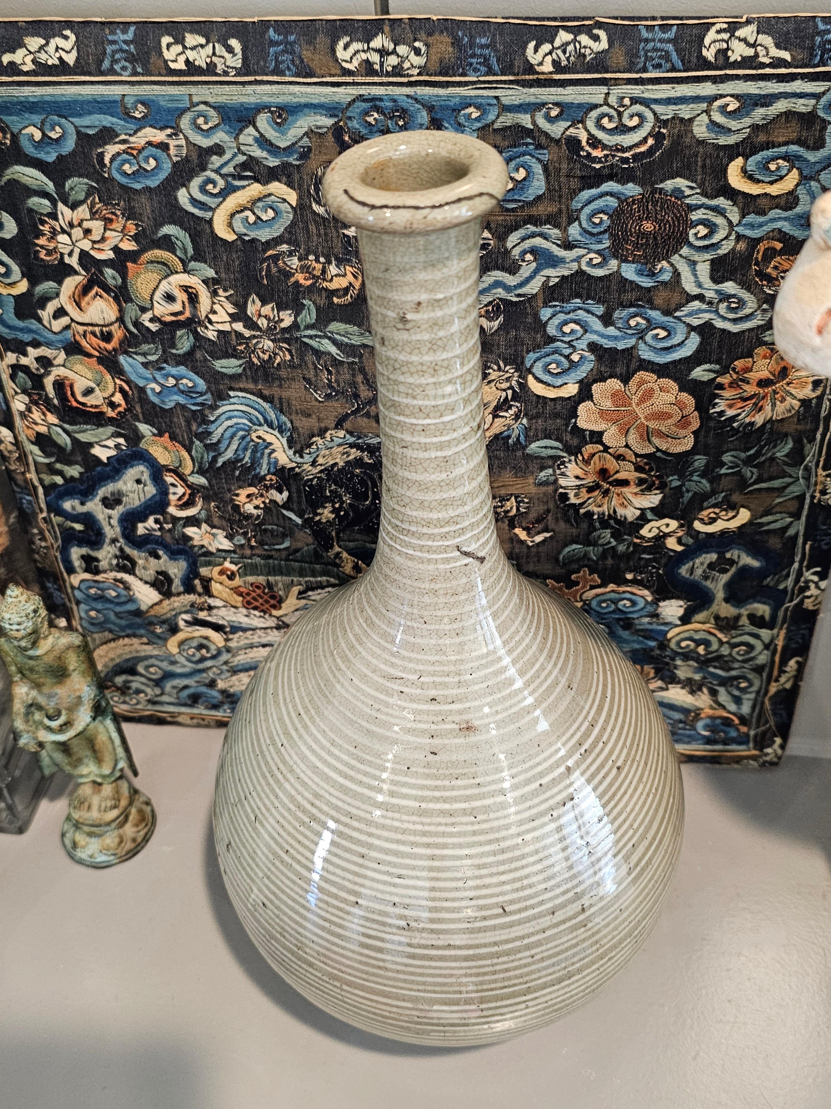 Scarce Antique Japanese Mishima Karatsu Ware Glazed Sake Bottle Vase Pottery For Sale 8