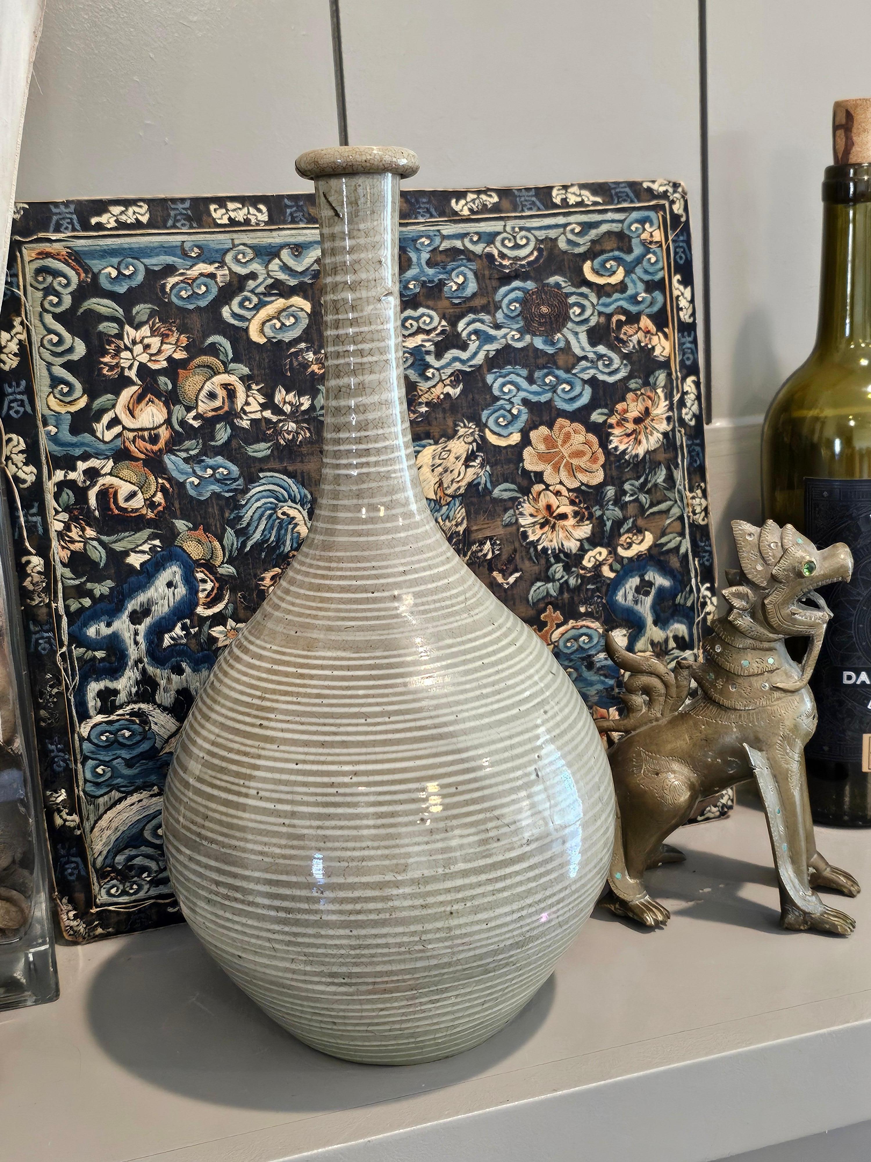 Scarce Antique Japanese Mishima Karatsu Ware Glazed Sake Bottle Vase Pottery For Sale 11