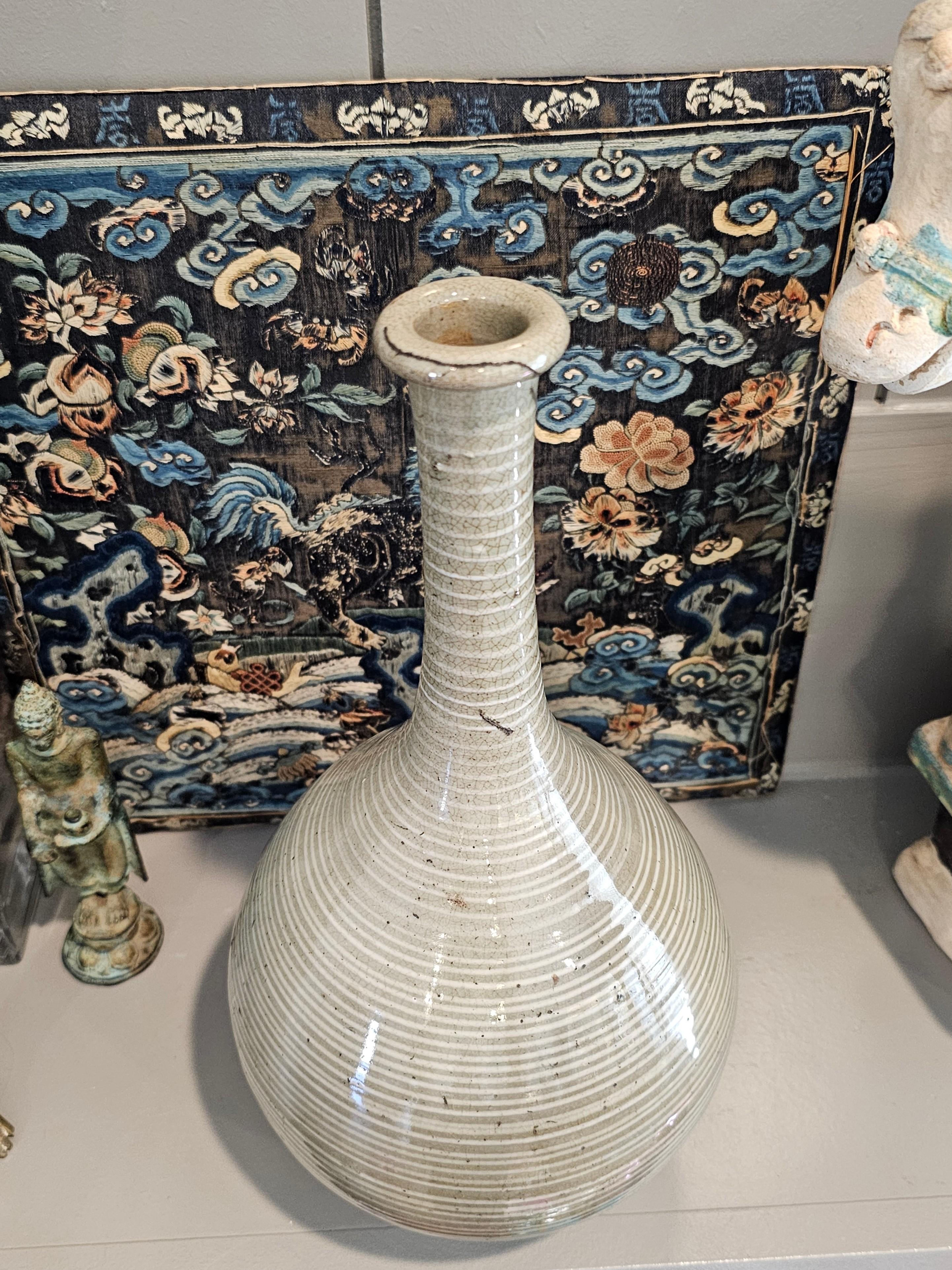 Scarce Antique Japanese Mishima Karatsu Ware Glazed Sake Bottle Vase Pottery For Sale 13