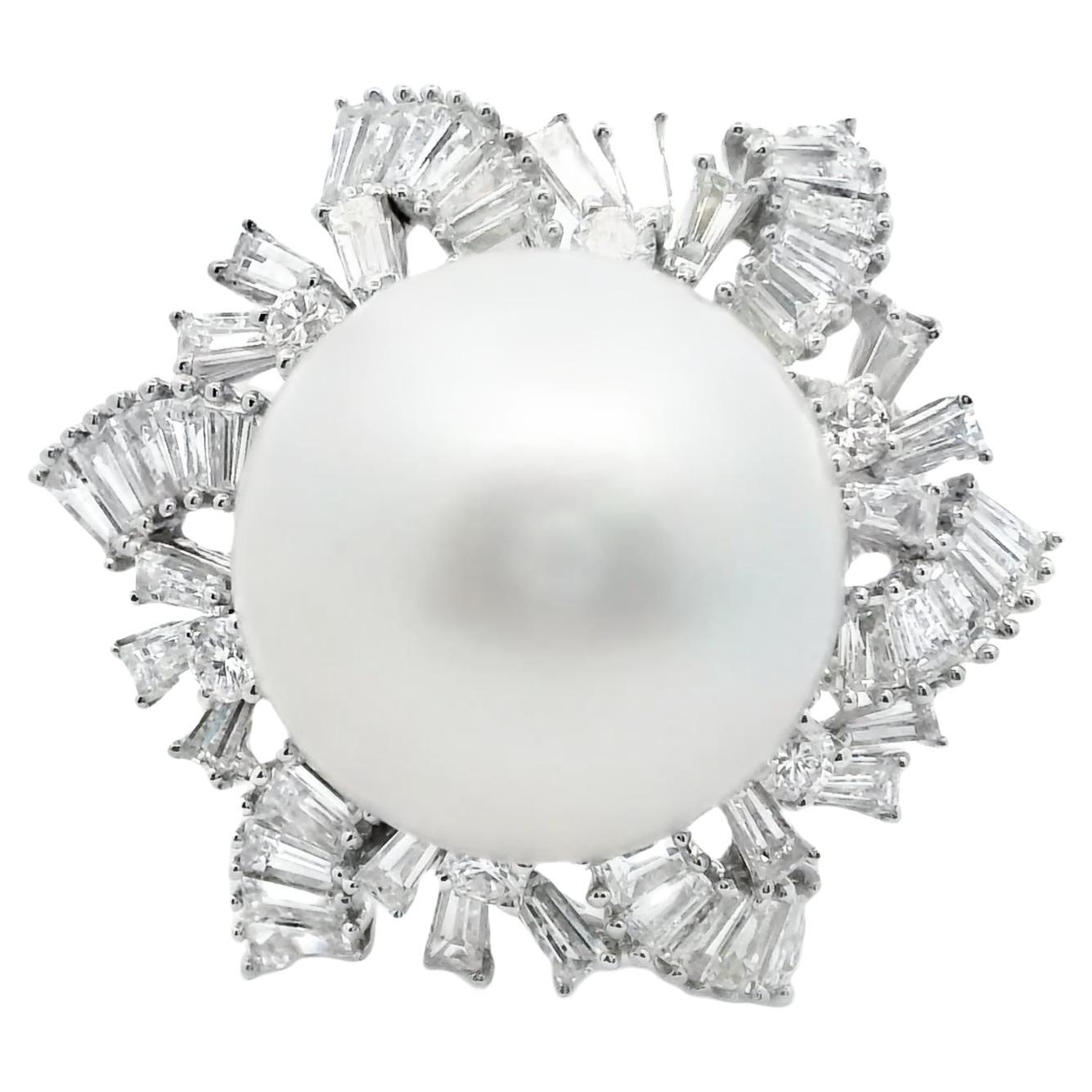 Scarce Large 15.5mm South Sea Pearl Ring 18k, 3.95 carat Baguette Round Diamond