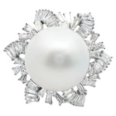 Rare bague en perle des mers du sud de 15,5 mm 18k, diamant baguette rond de 3,95 carats