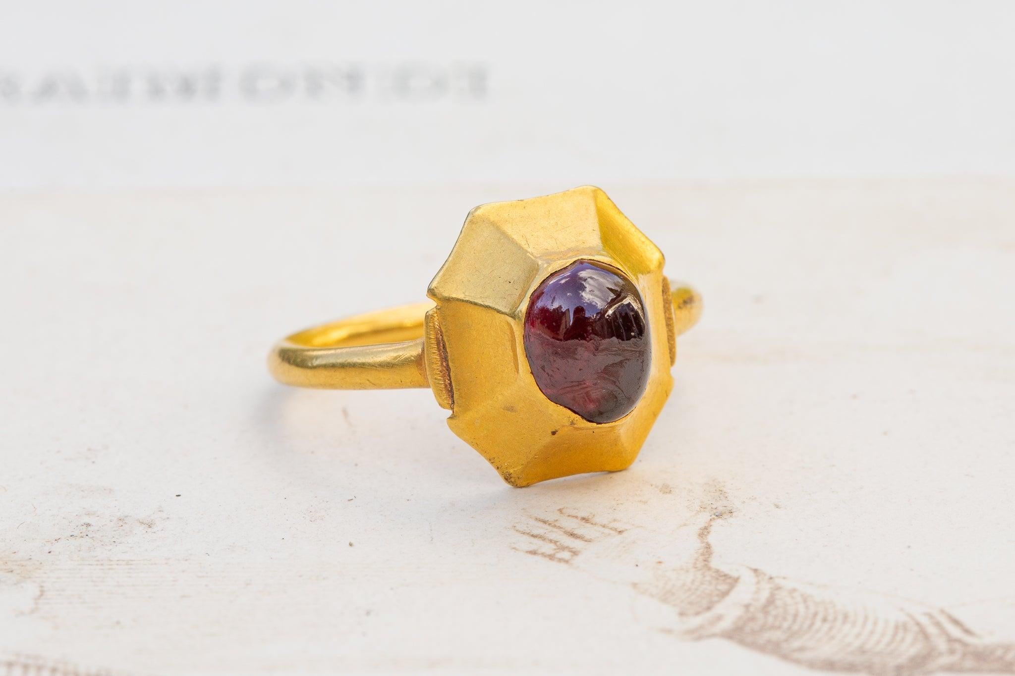 Women's or Men's Scarce Medieval Gold Garnet Ring Antique 13th Century Talisman Signet Ring For Sale