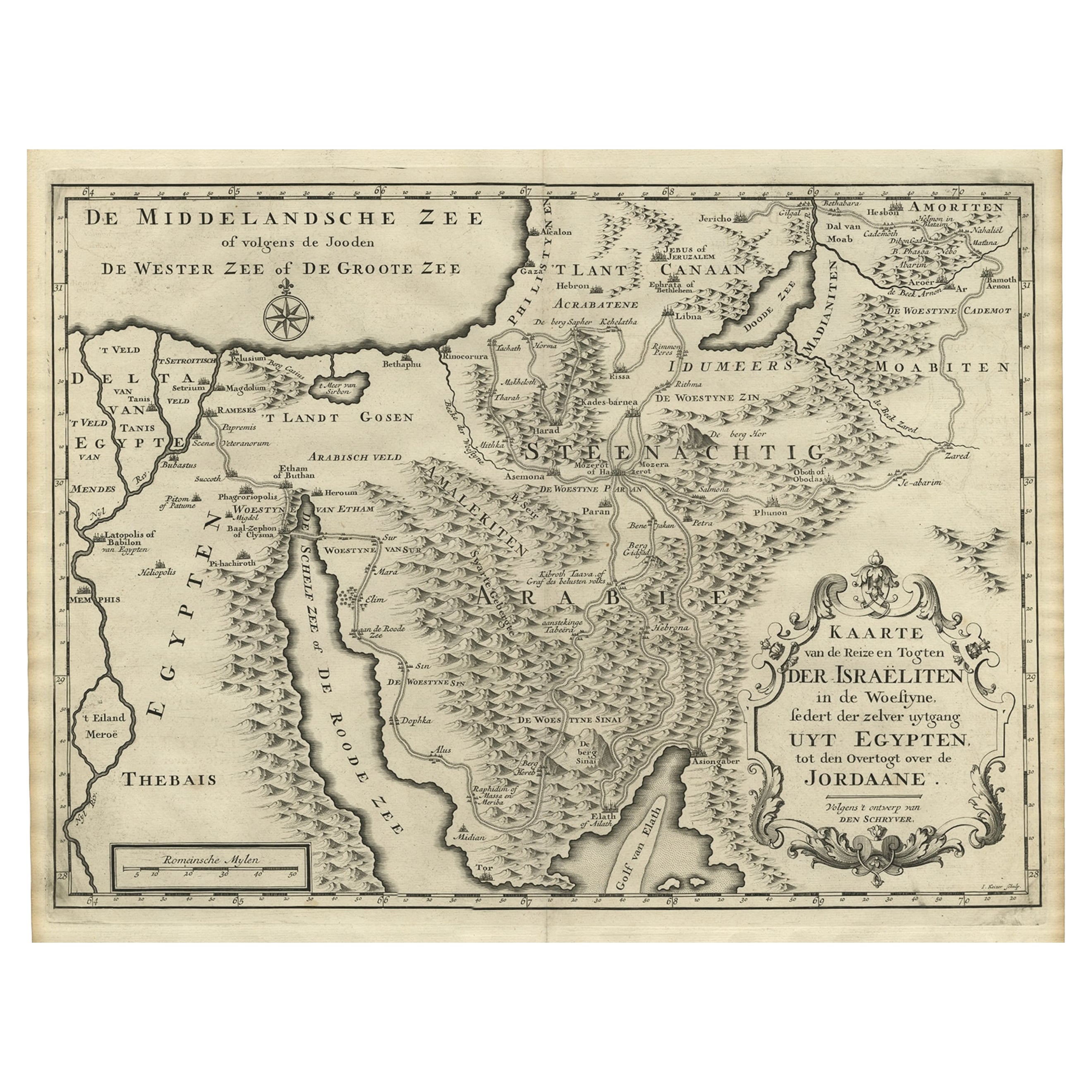 Scarsa carta del Medio Oriente e dell'Arabia che mostra l'esodo degli israeliti, 1725