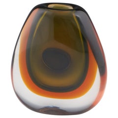 Rare vase ovoïde vert et ambre de Moser Sommerso Greene & Greene, 1967