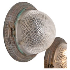 Antique Scarce Pair Large Scale Cast Brass Flush Ceiling Light Fittings & Crystal Bowls