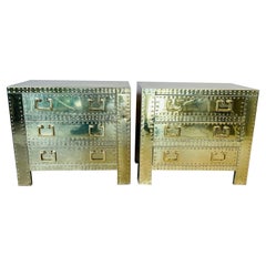 Scarce Pair of 1970s Sarreid Ltd. Brass Clad Campaign Style Commodes End Tables