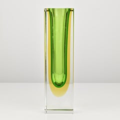 Scarce Sommerso Green, Yellow & Clear Block Glass Vase by Flavio Poli, 1960s