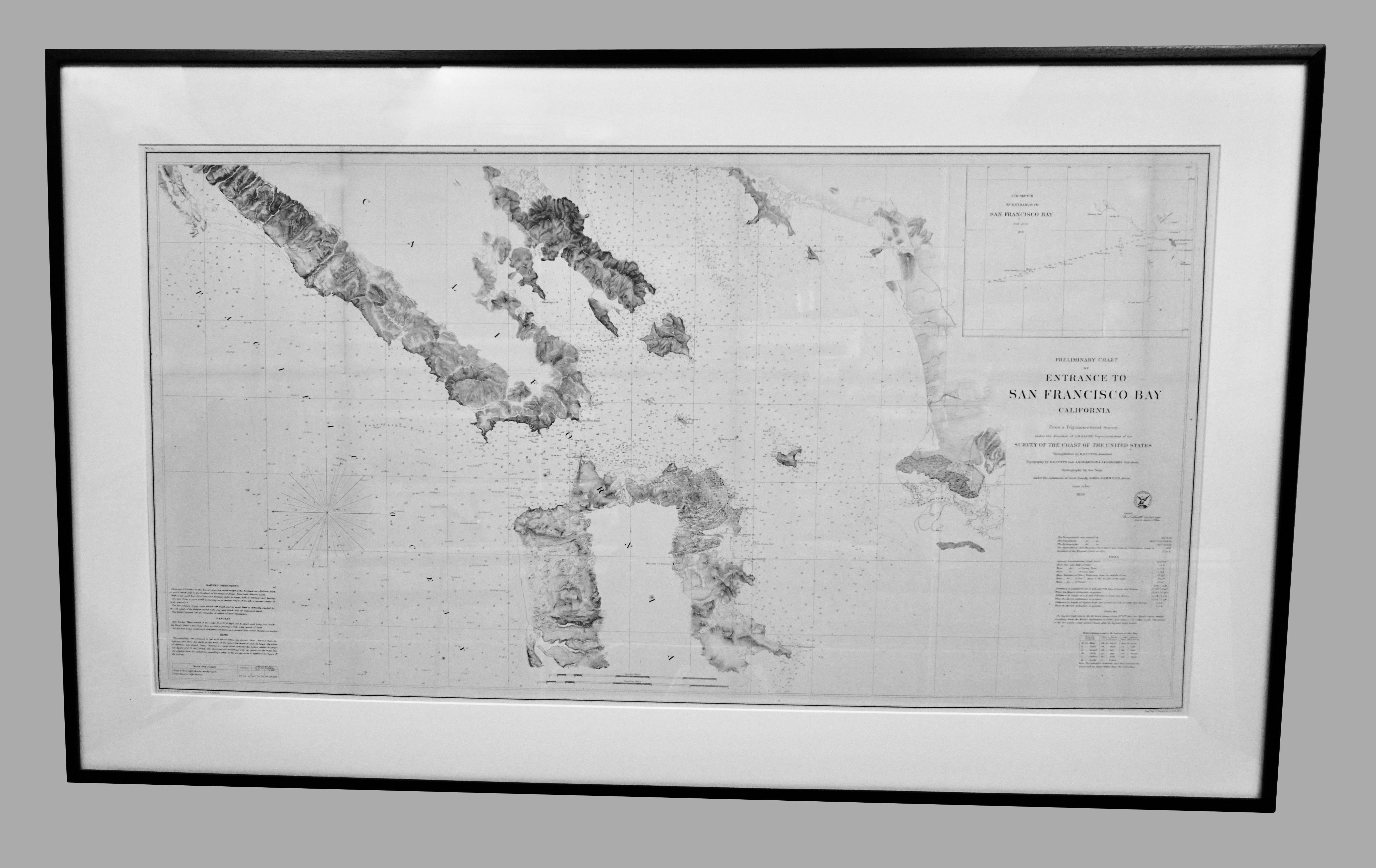 Ein schönes Beispiel für die 1856 U.S. Coast lithographic survey nautische Karte der Einfahrt in die Bucht von San Francisco und der Stadt. Veröffentlicht im Jahr 1856 vom Office of the Coast Survey, dem offiziellen Kartenhersteller der Vereinigten