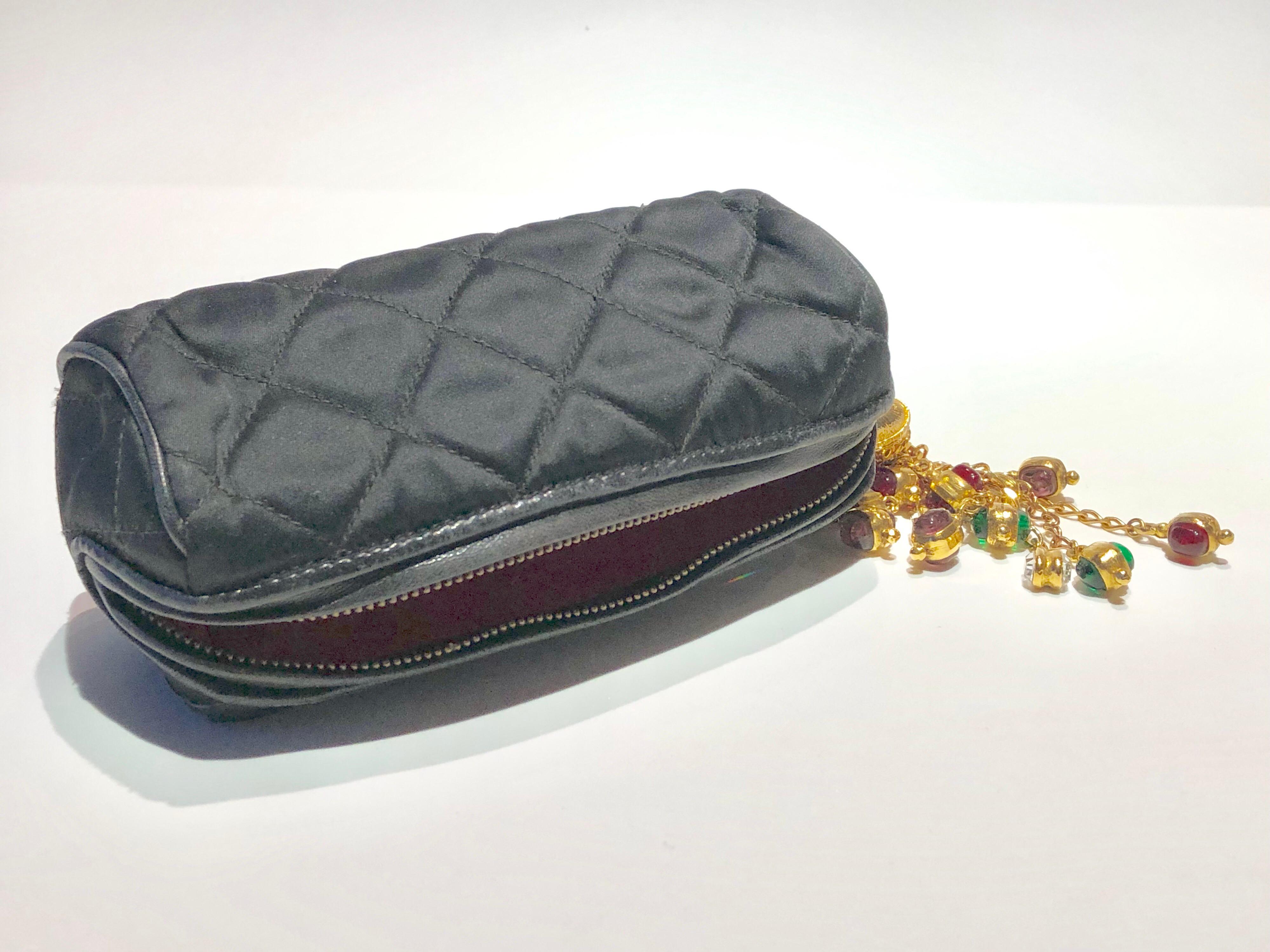 Vintage Coco Chanel Black Satin Gold Tassel Gripoix Evening Bag  5