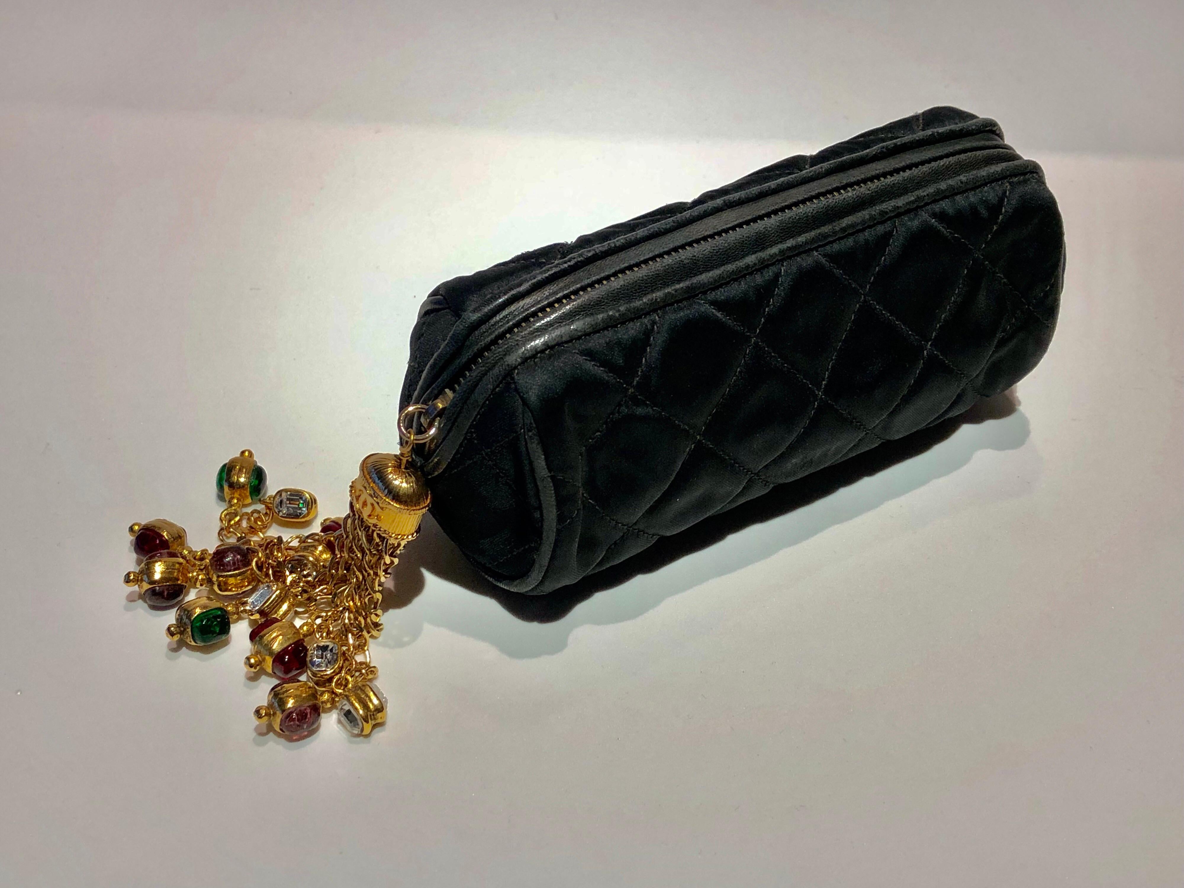 Extremely scarce vintage Chanel black satin-silk and leather 
