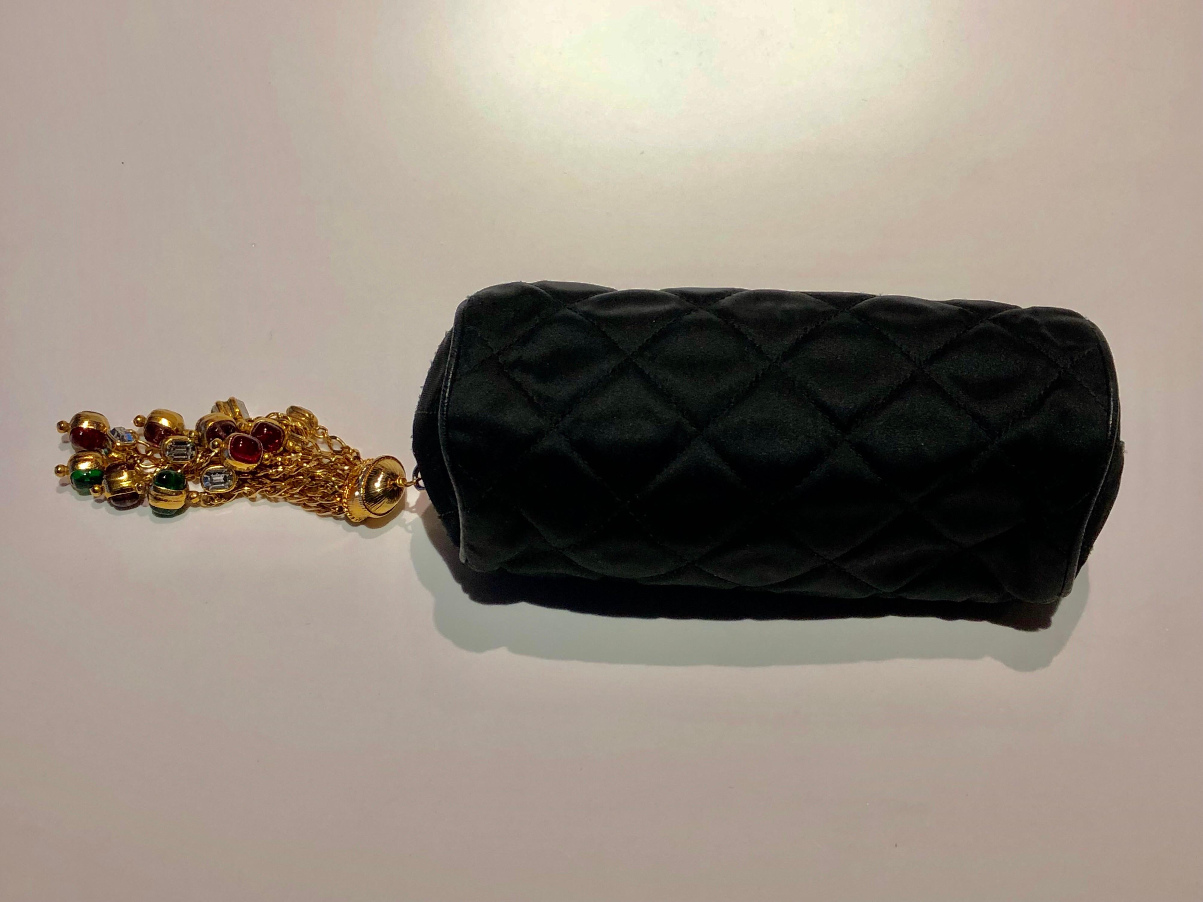 Vintage Coco Chanel Black Satin Gold Tassel Gripoix Evening Bag  In Good Condition In Palm Springs, CA