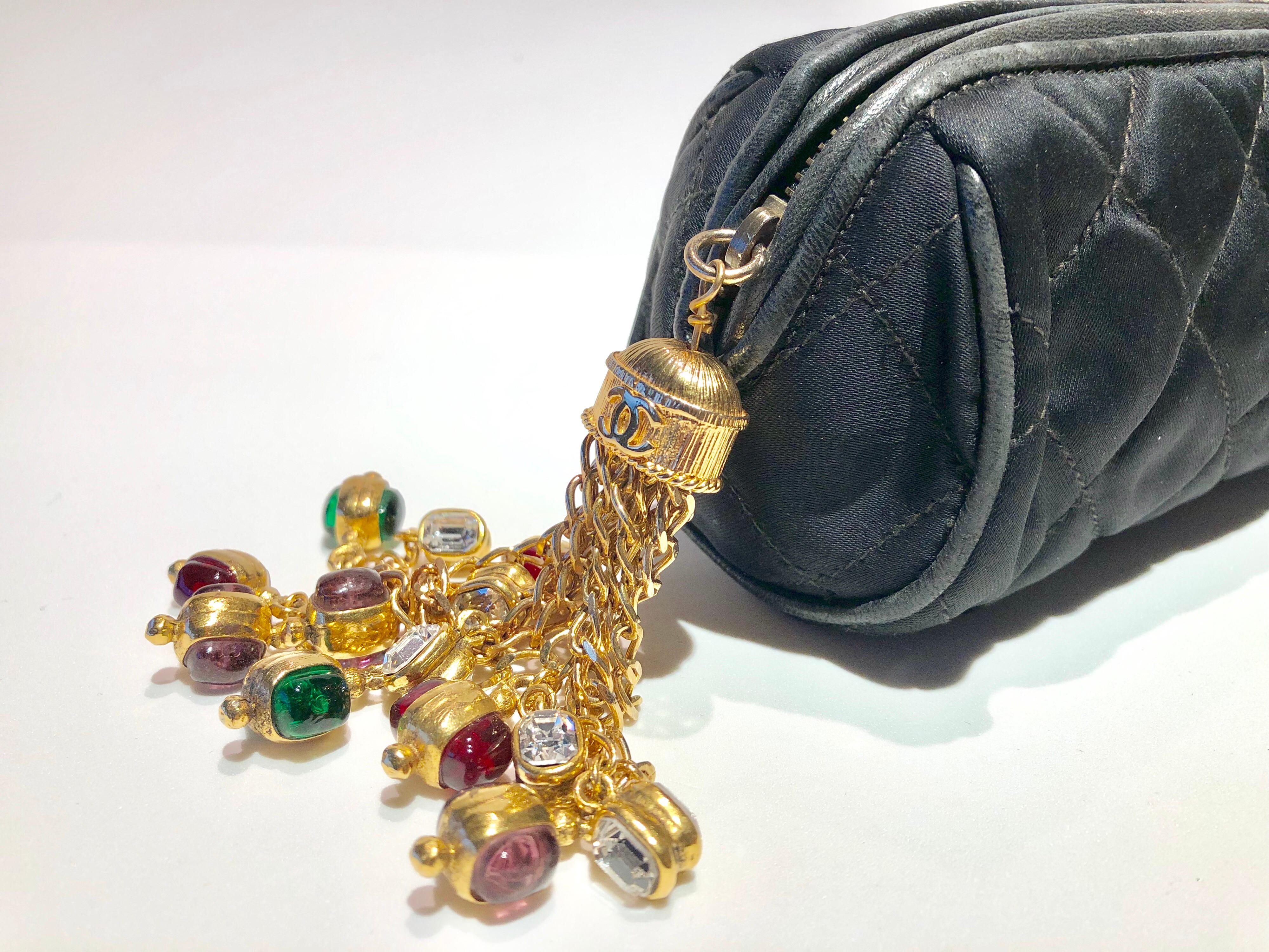 Women's Vintage Coco Chanel Black Satin Gold Tassel Gripoix Evening Bag 