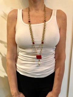 Vintage Coco Chanel Logo CC Gilt Pearl “Sautoir” Statement Necklace