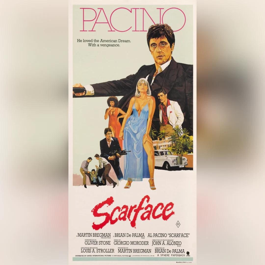 Scarface (1983)
Original Australischer Tageszettel (13 X 30 Zoll)

Erstes australisches Veröffentlichungsplakat für Brian De Palmas kultigen Film von 1983. Mit seinen einzigartigen, exklusiv in Australien gefertigten Motiven bietet dieses Design